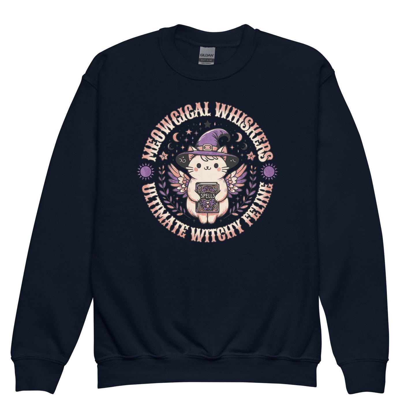 Navy Meow Magical Witchy Cat kids sweatshirt – cute little cat with witch hat, sparkles and stars by BimBangDesign