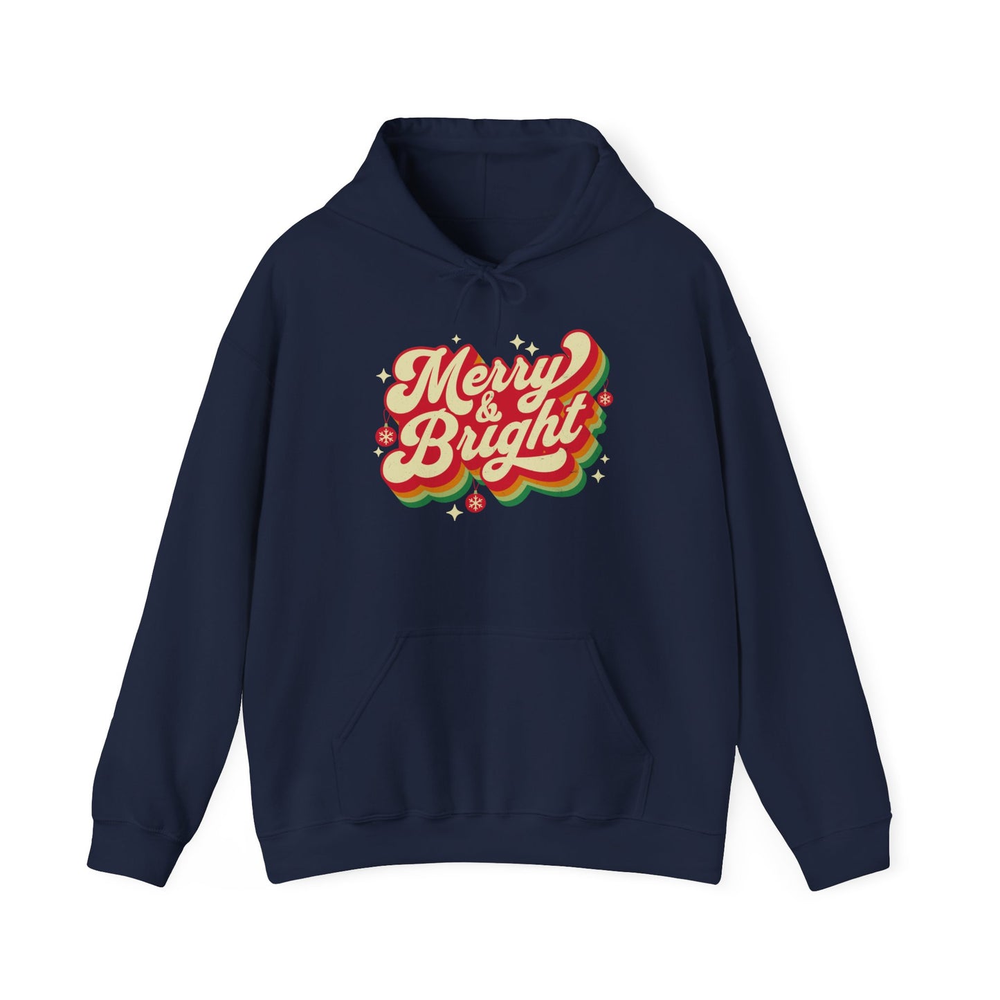 Navy Cozy Unisex Christmas hoodie with warm fleece and festive “Merry & Bright” print BimBangDesign