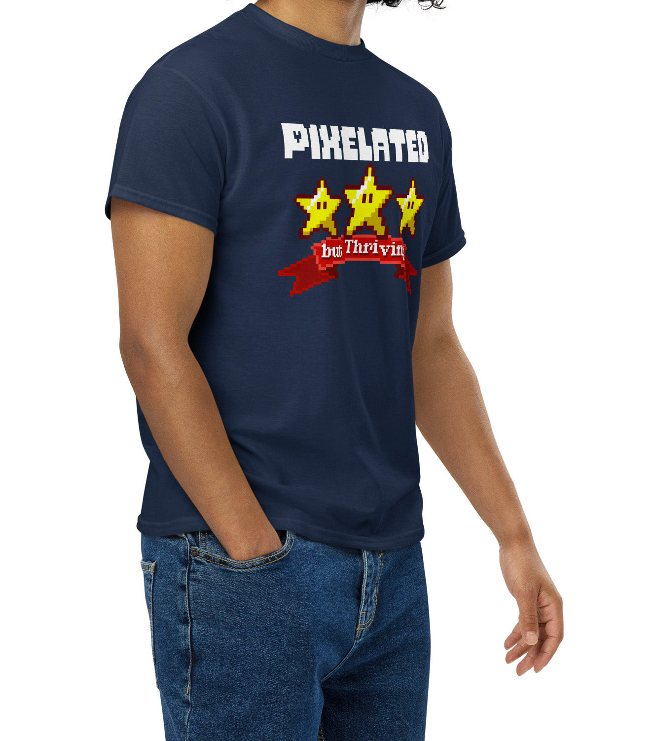 Navy Pixelated but Thriving graphic T-shirt worn by a casual gamer BimBangDesign
