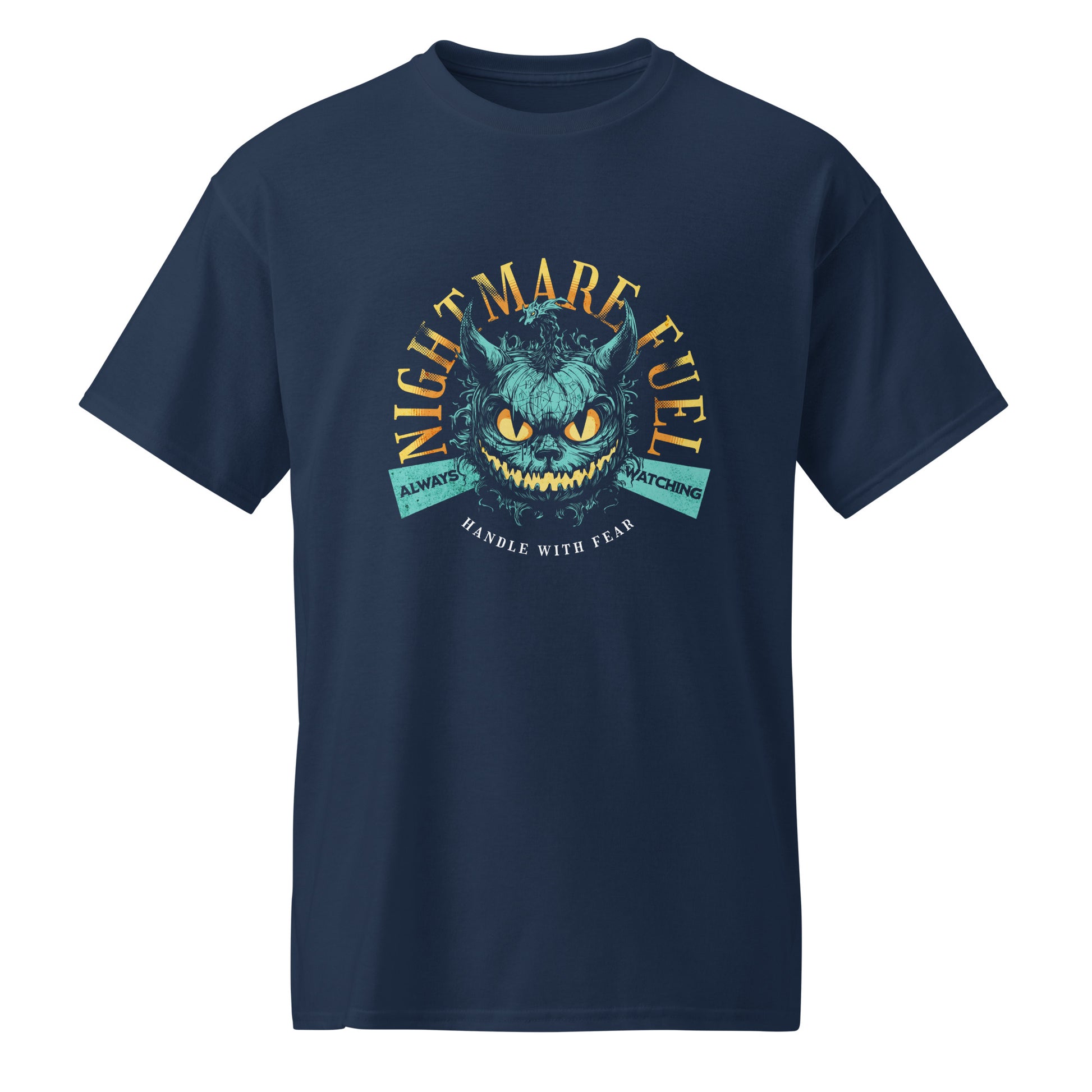 Navy Unisex t-shirt with a creepy-cute monster design and the text “Nightmare Fuel”, by BimBangDesign