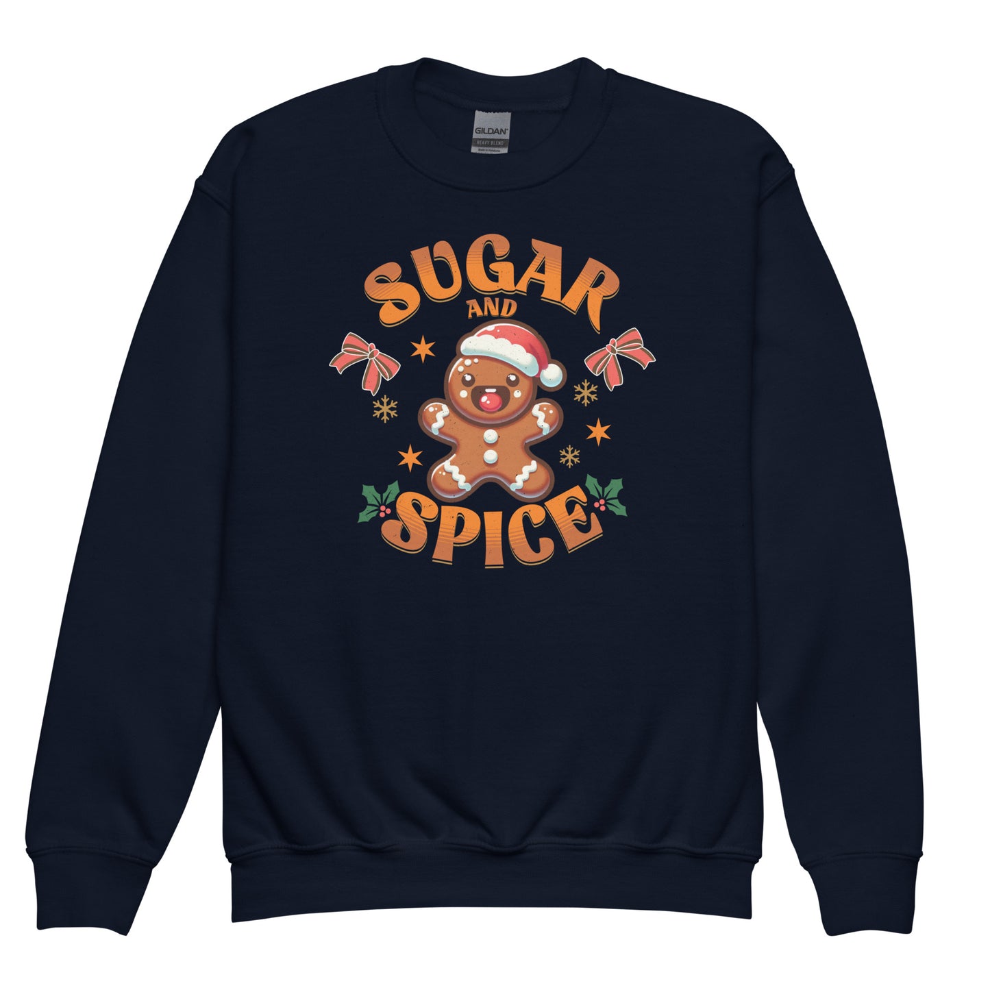 Navy Kids Sugar & Spice Cozy Christmas vibes Gingerbread sweatshirt – front view BimBangDesign