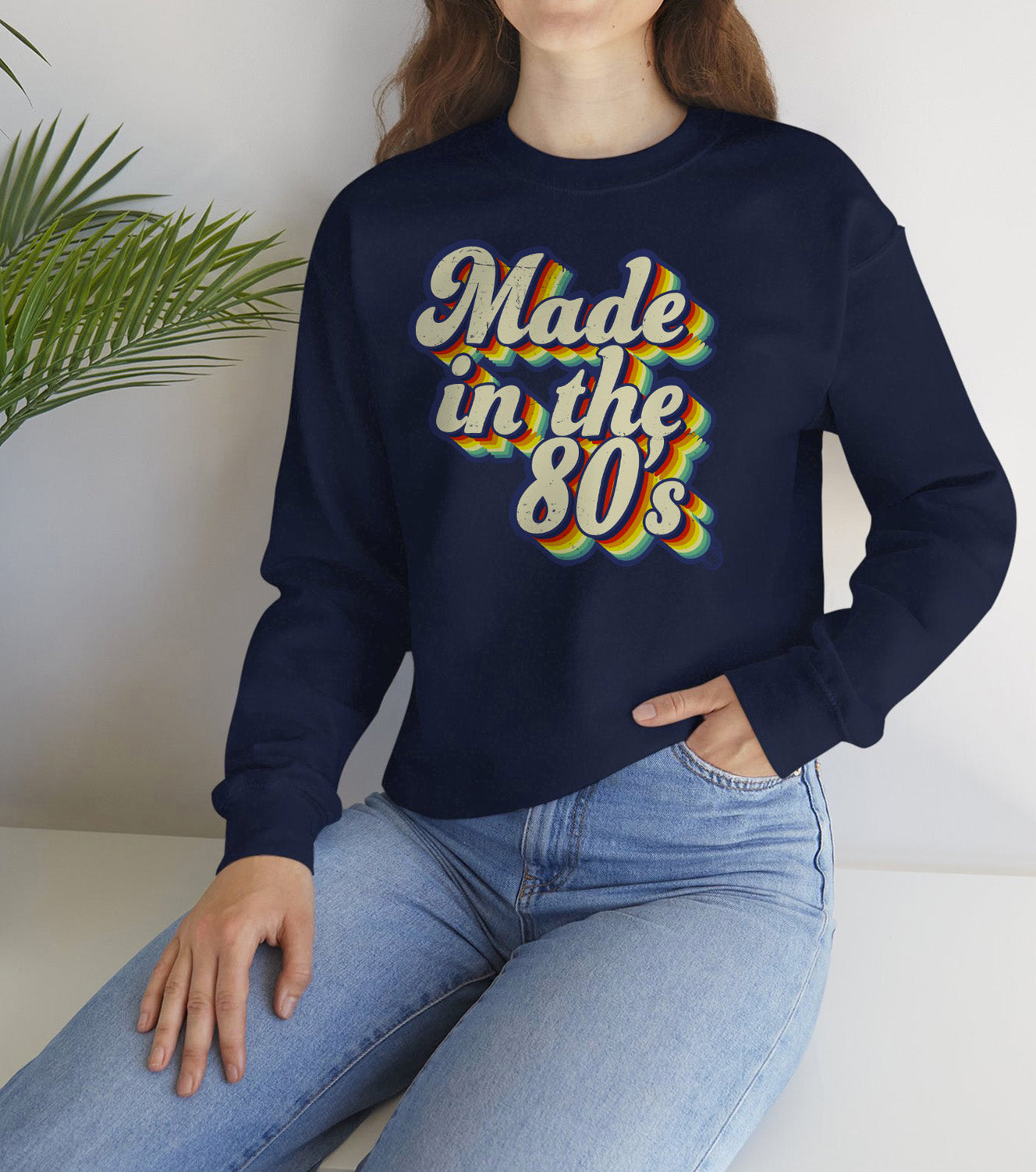 Made in the 80s vintage style Navy Sweatshirt worn by a nostalgic adult born in the 80's BimBangDesign