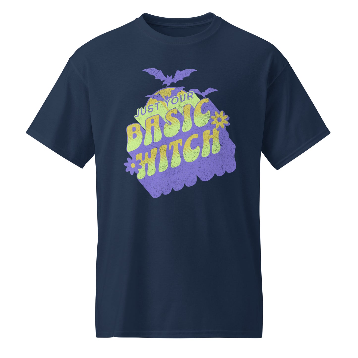 Navy Unisex t-shirt with “Just Your Basic Witch” print – fun Halloween tee featuring retro witchy vibes, perfect for casual spooky style. BimBangDesign