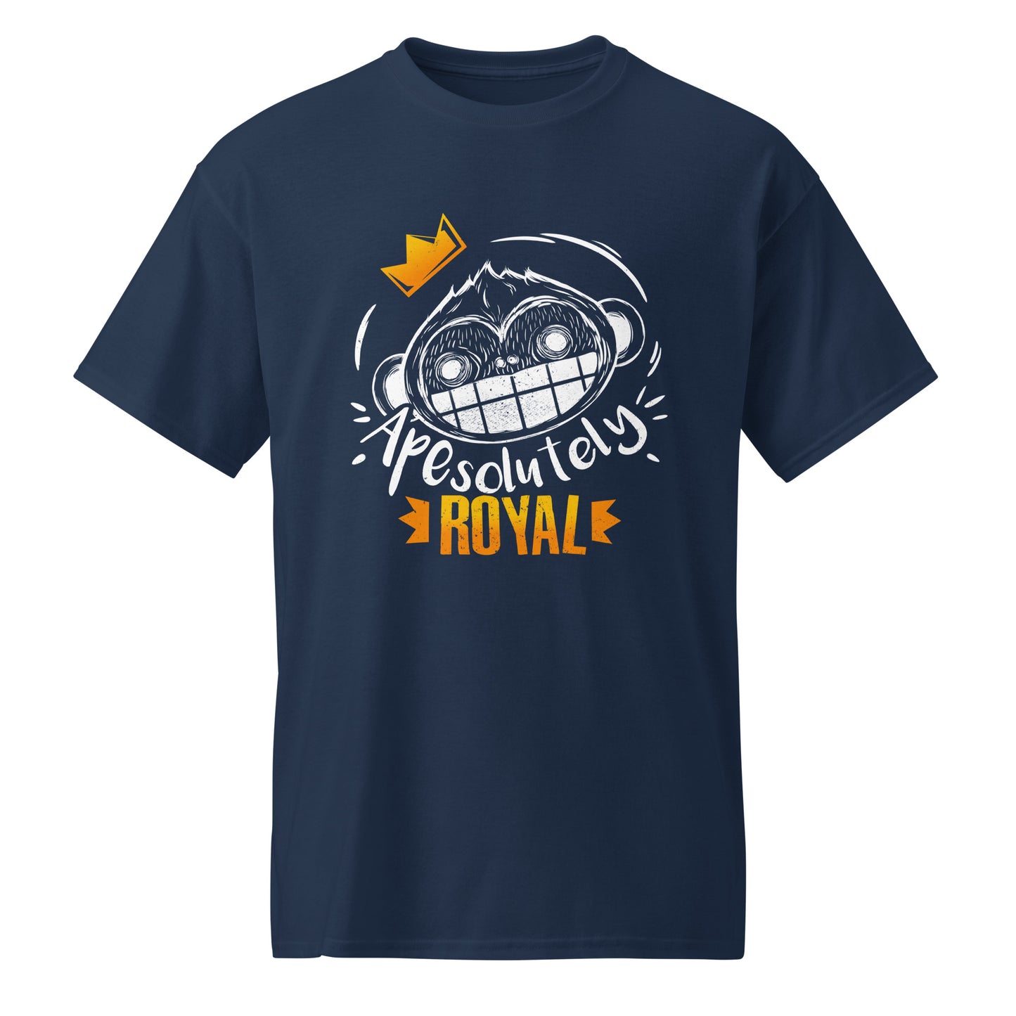Navy ApeSolutely Royal T-shirt with crowned monkey head, cartoon and sketchy style