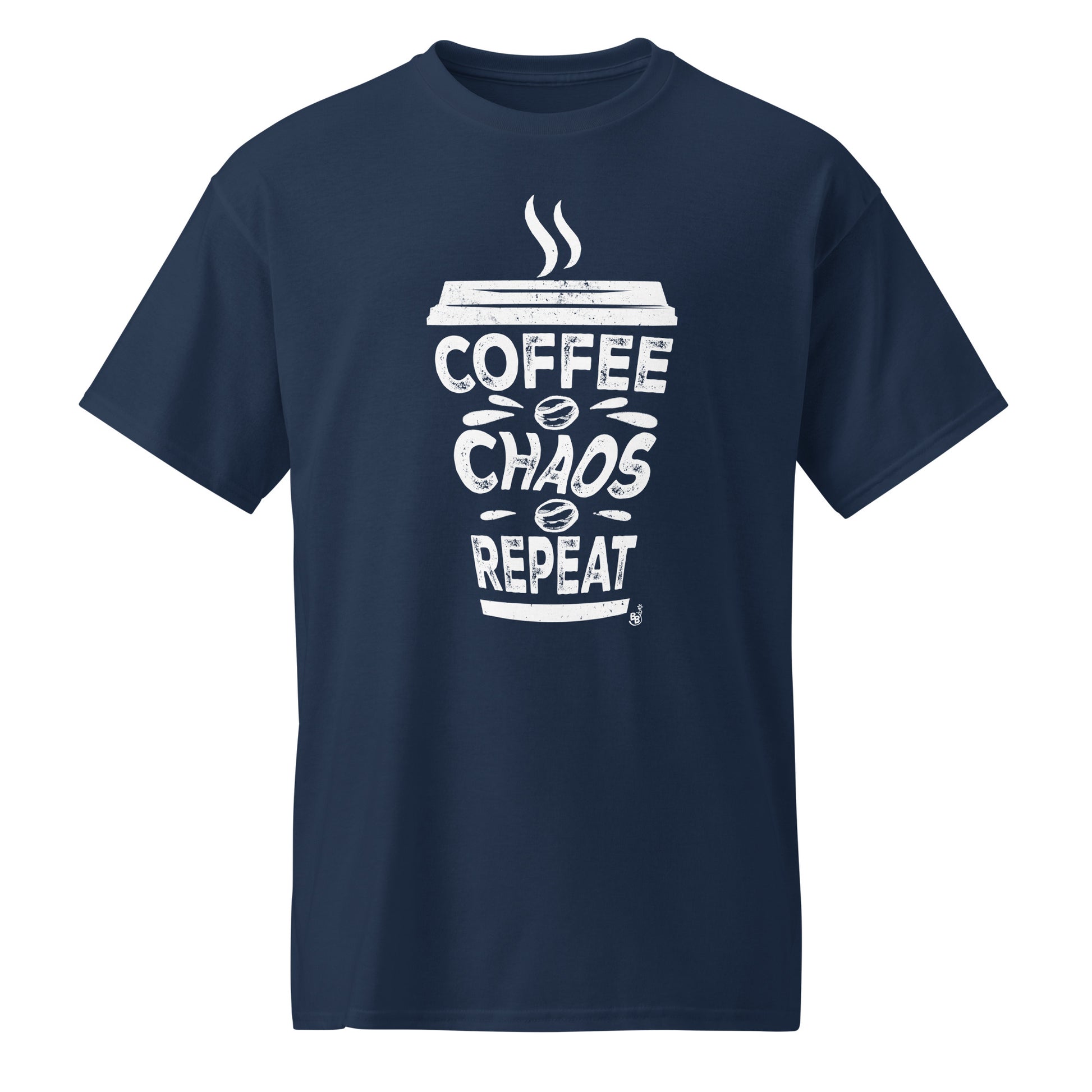 Navy Coffee Chaos Repeat text t-shirt for all coffee lover on the go BimBangDesign