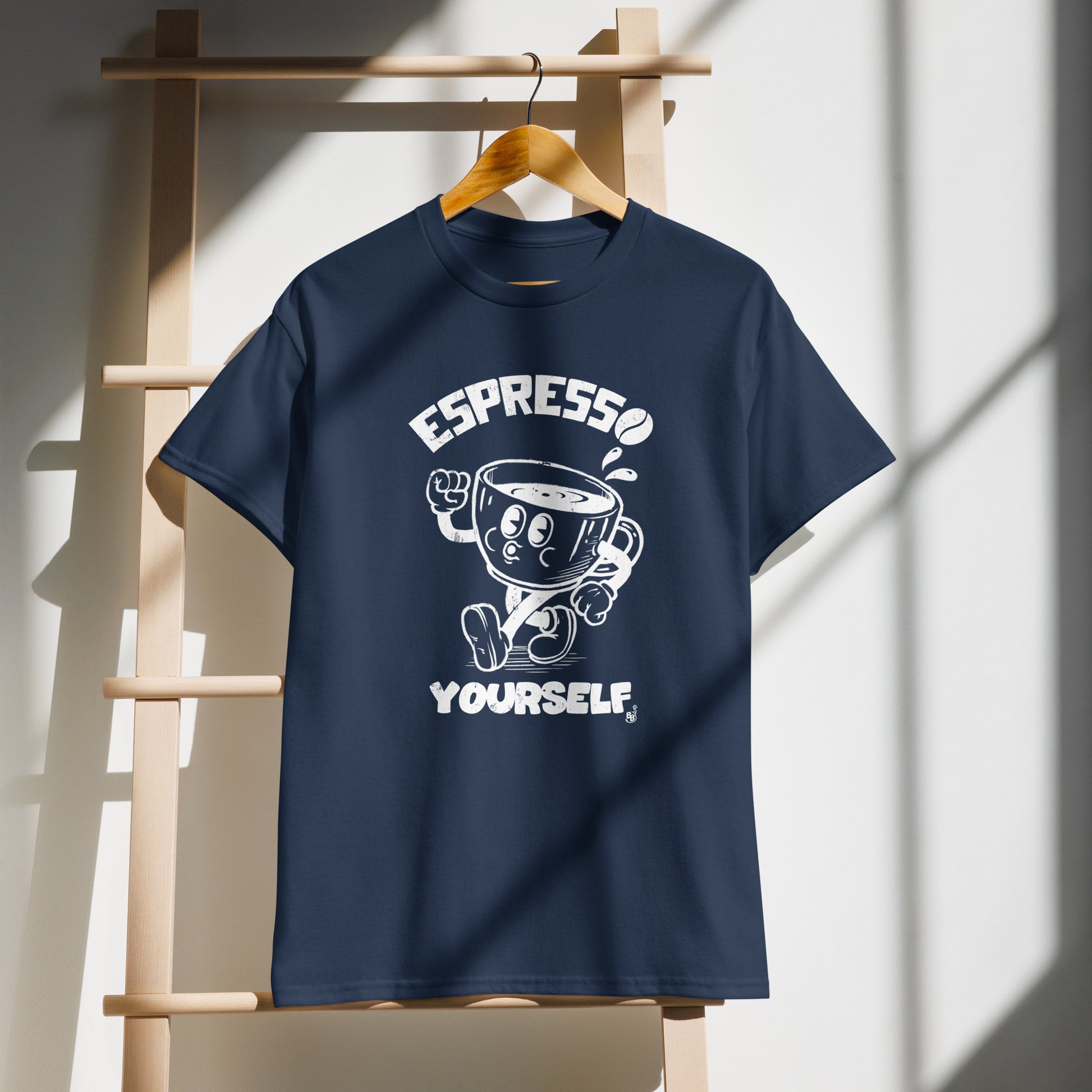 Cartoon Espresso Yourself Navy t-shirt on demo with a funny coffee cup illustration BimBangDesign