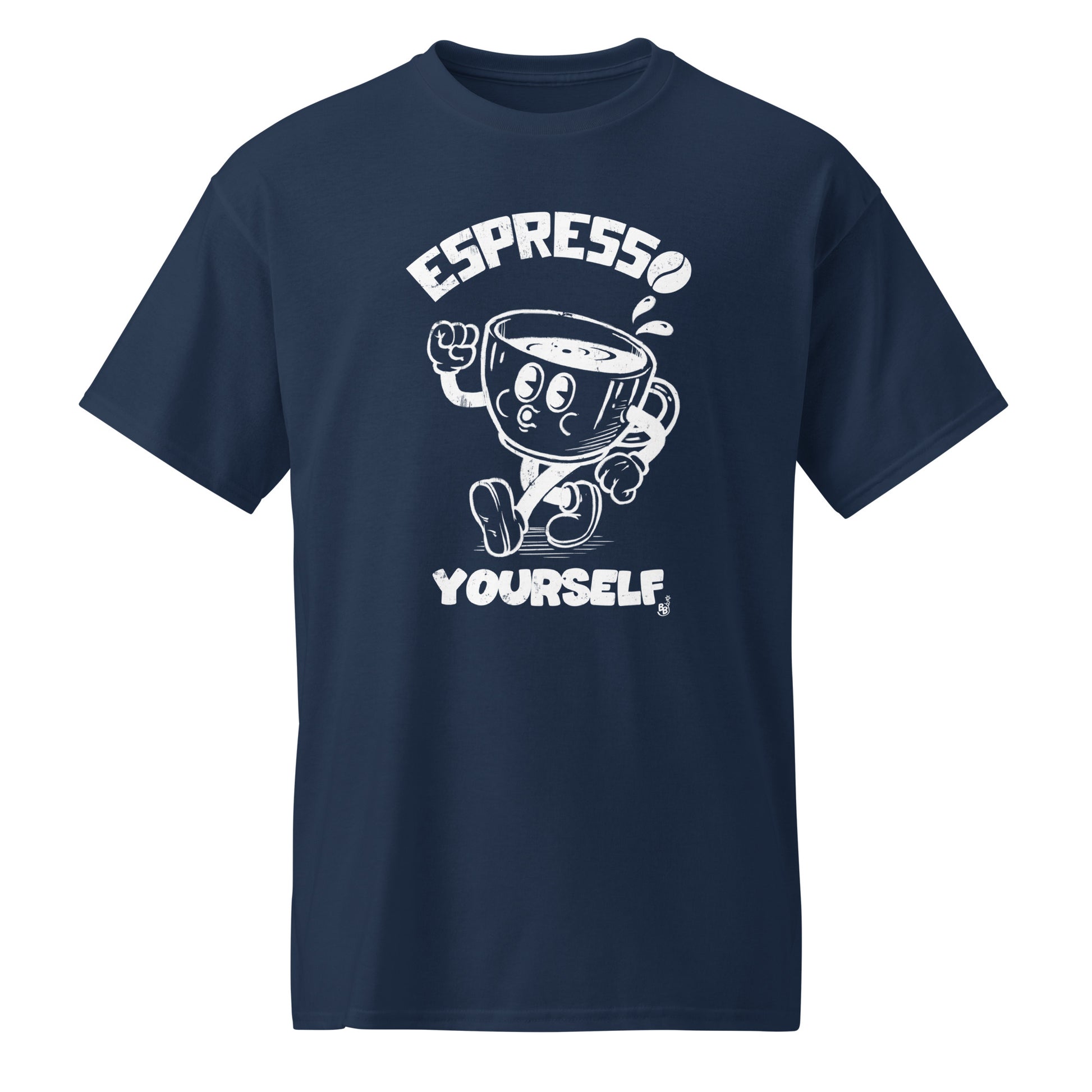 Cartoon Espresso Yourself Navy t-shirt with a funny coffee cup illustration BimBangDesign