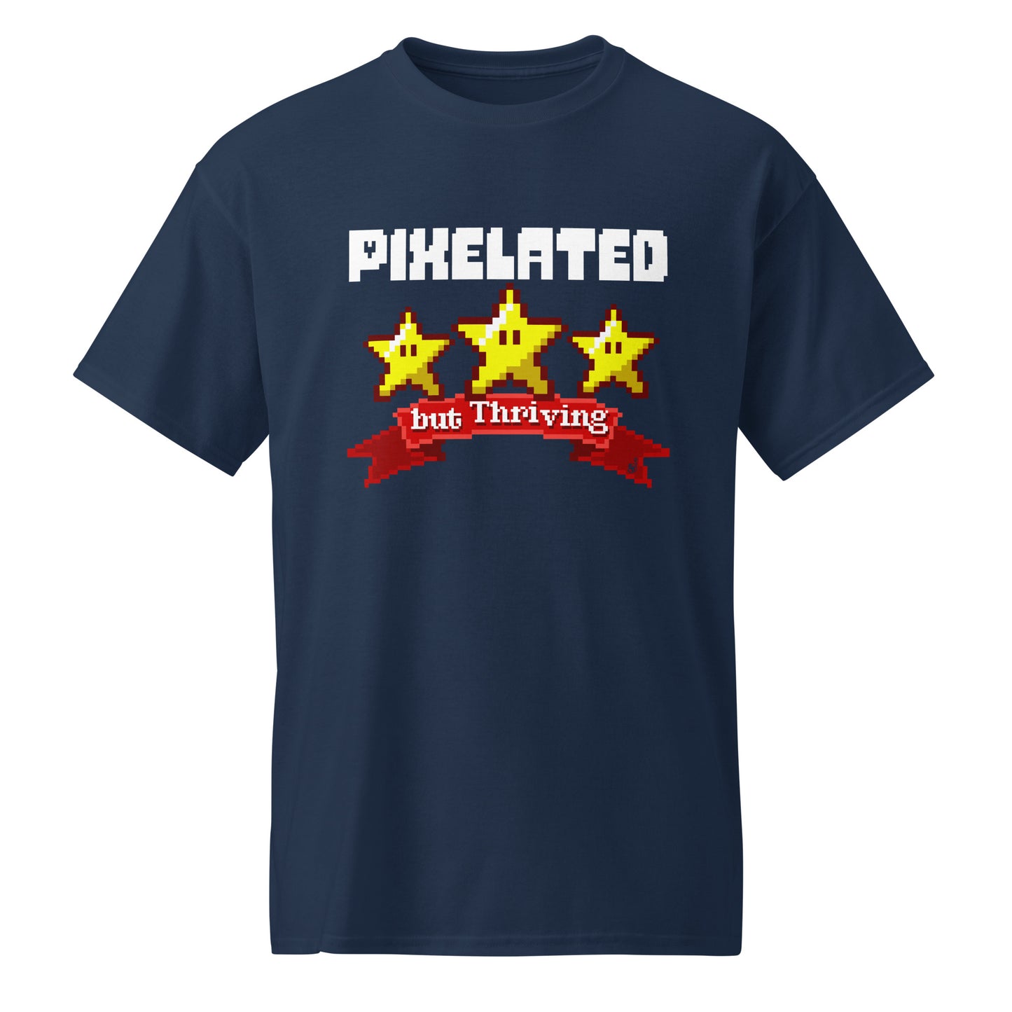 Navy Pixelated but Thriving graphic T-shirt for casual gamers  BimBangDesign
