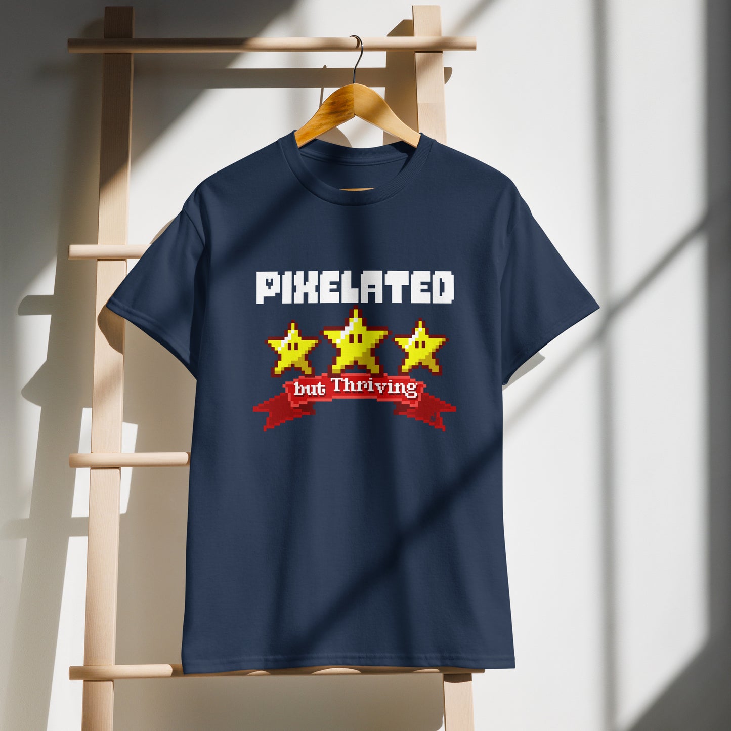 Navy Pixelated but Thriving graphic T-shirt on demo for casual gamers  BimBangDesign