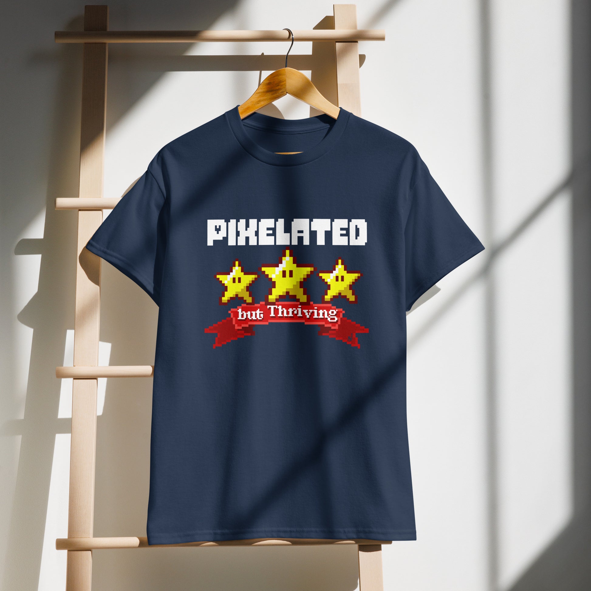 Navy Pixelated but Thriving graphic T-shirt on demo for casual gamers  BimBangDesign