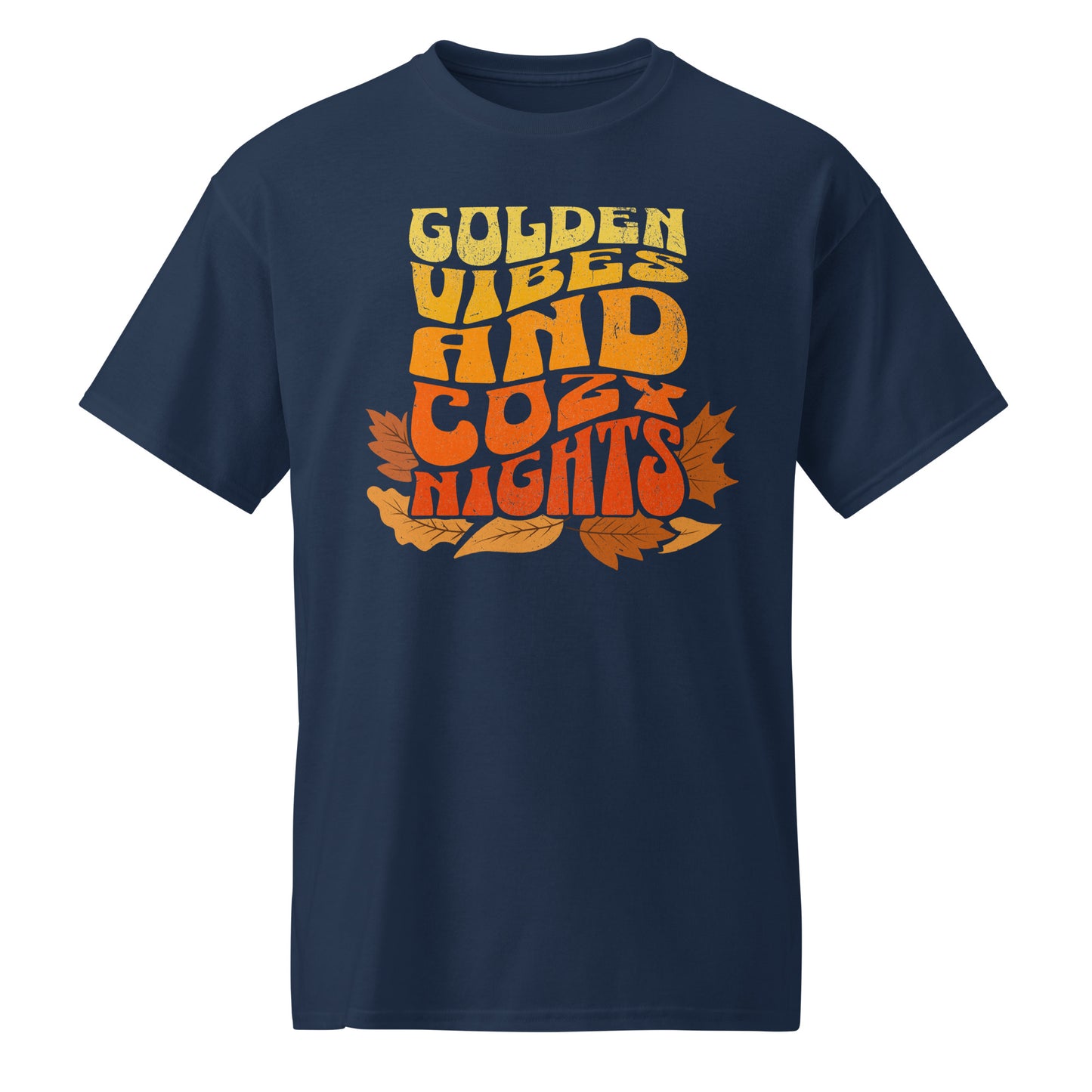 Navy Comfy t-shirt with “Golden Vibes and Cozy Nights” text in yellow-to-orange gradient and autumn leafs BimBangDesign