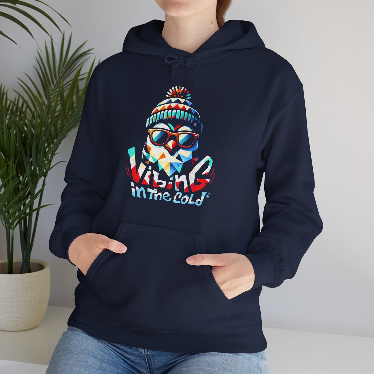 Casual hoodie  featuring Fun winter Vibing in the Cold slogan and cool energy worn by a cool vibes fan BimBangDesign