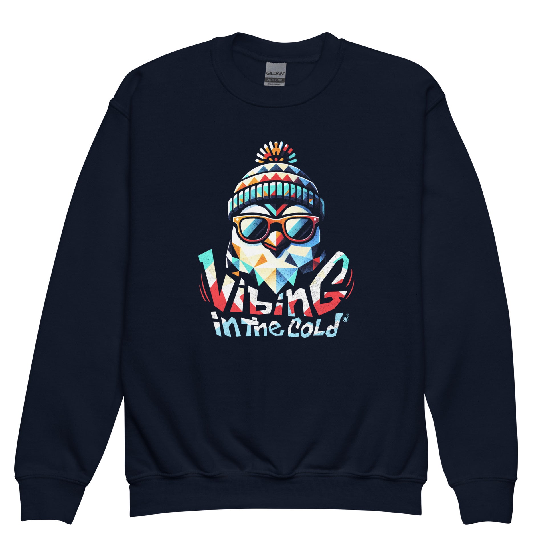 Navy Casual Kids sweatshirt featuring Fun winter Vibing in the Cold slogan and cool funny energy BimBangDesign