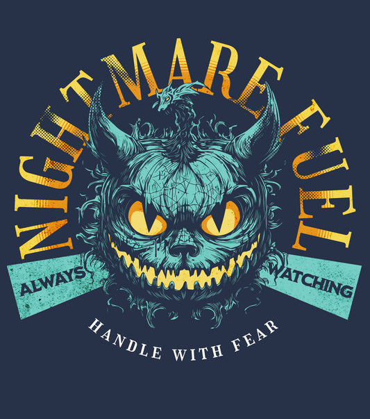 Unisex t-shirt details of a creepy-cute monster design and the text “Nightmare Fuel”, by BimBangDesign