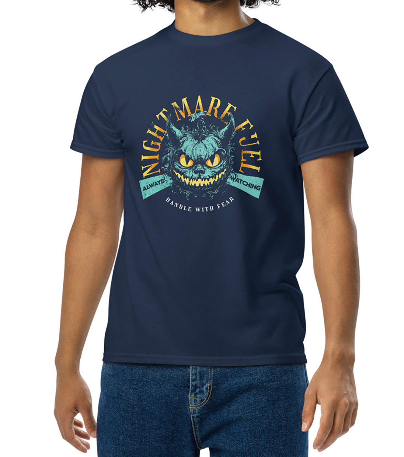 Unisex t-shirt with a creepy-cute monster design and the text “Nightmare Fuel”. BimBangDesign