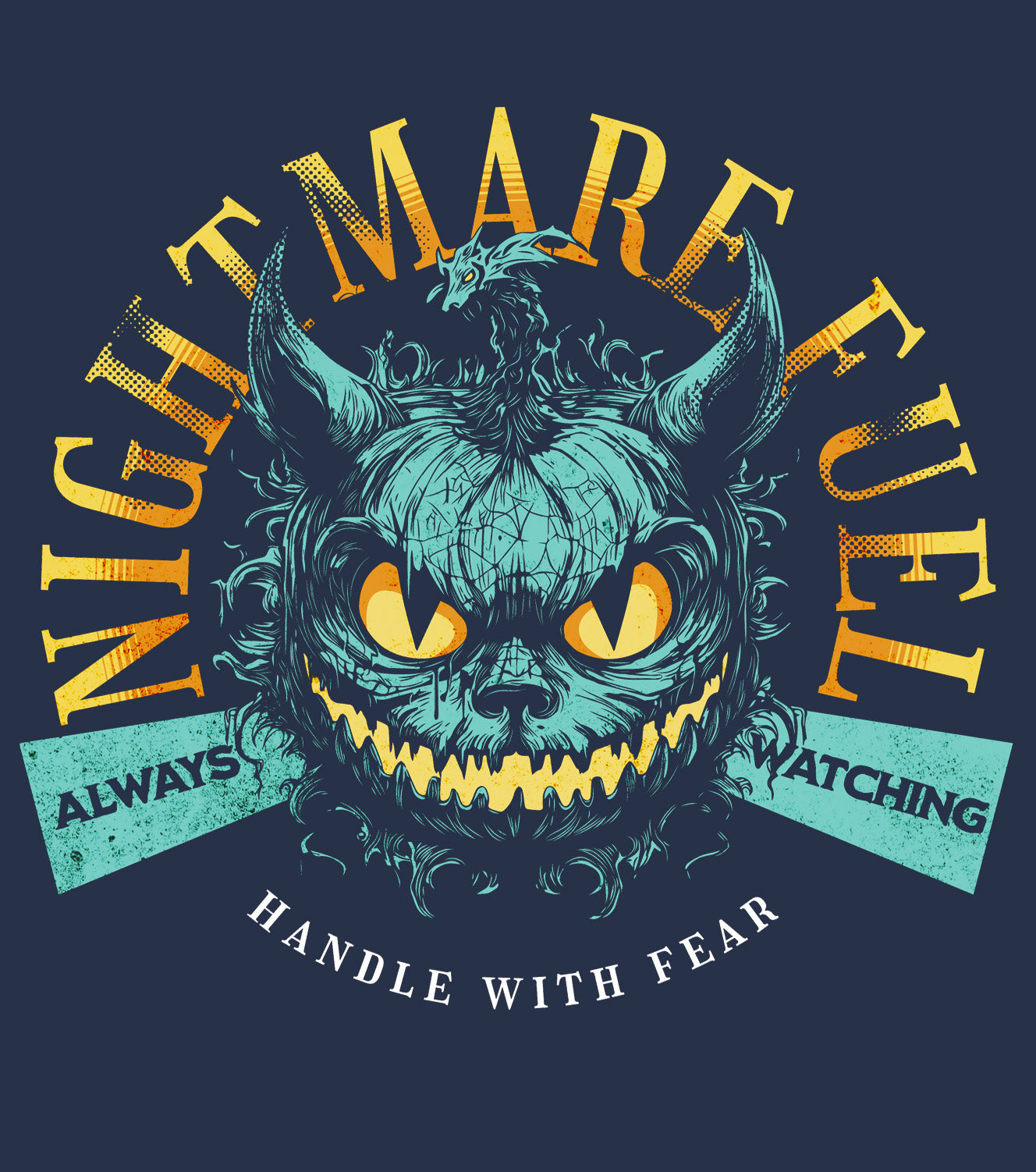 Unisex t-shirt details of a creepy-cute monster design and the text “Nightmare Fuel”, by BimBangDesign
