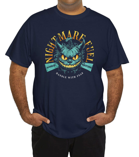 Unisex t-shirt with a creepy-cute monster design and the text “Nightmare Fuel”. BimBangDesign