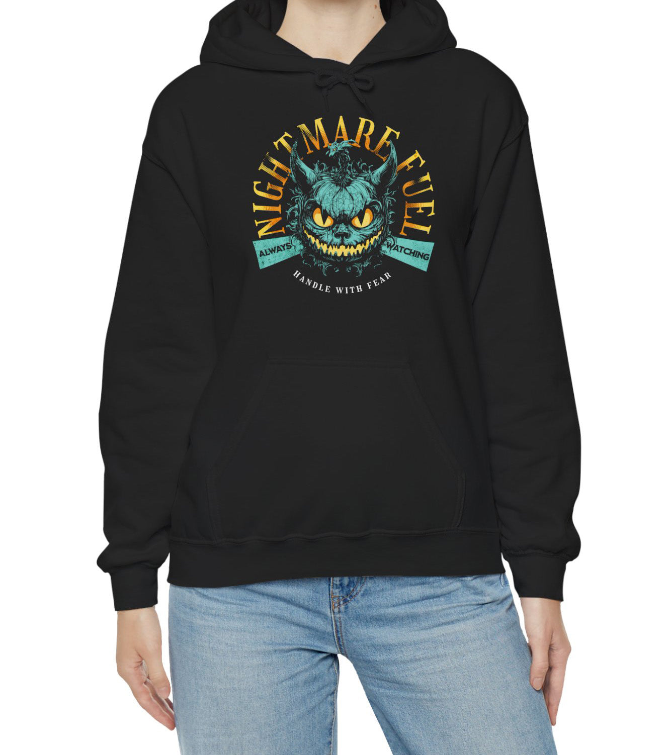 Unisex hoodie with a spooky-cool graphic and the text “Nightmare Fuel”. BimBangDesign