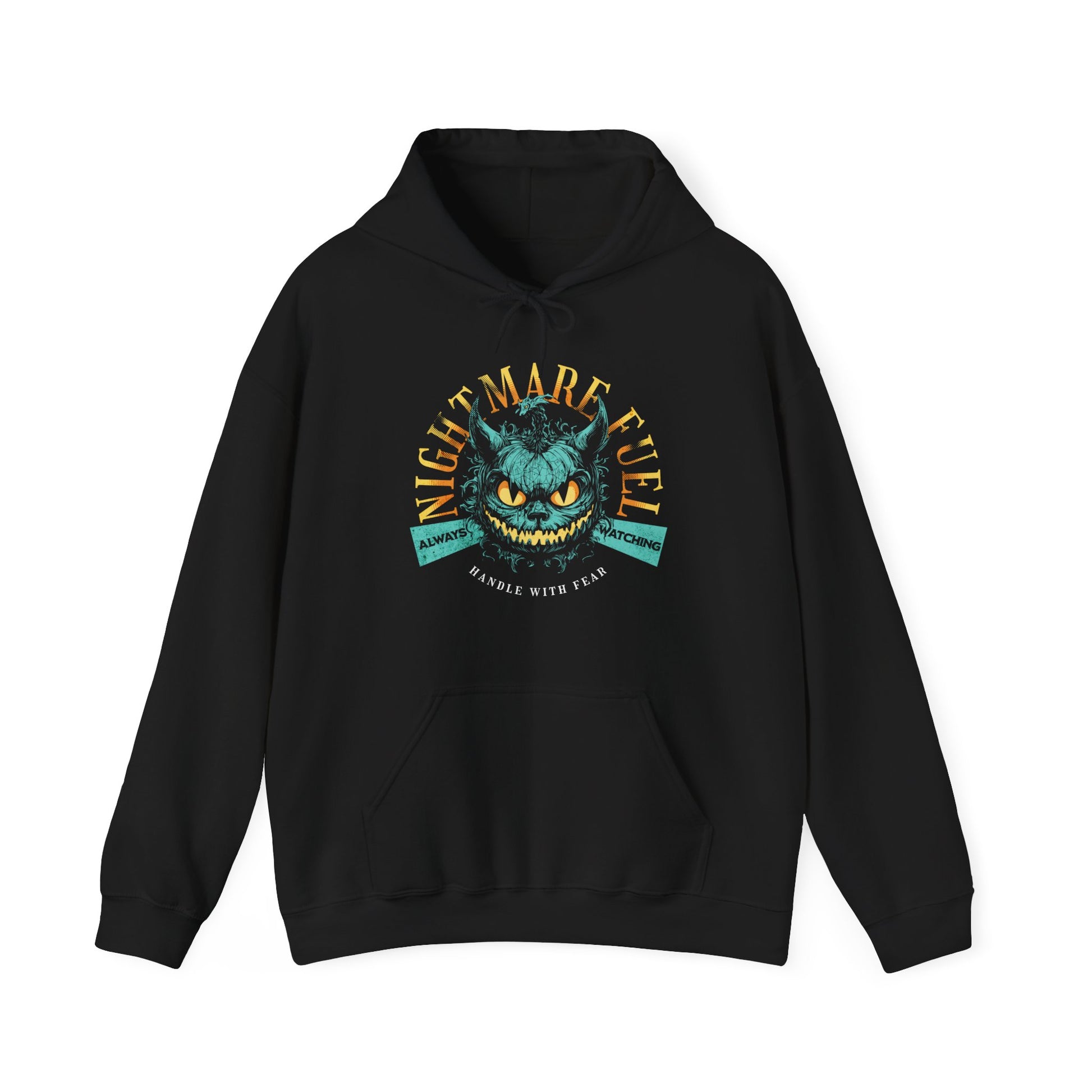 Black unisex hoodie with a spooky-cool graphic and the text “Nightmare Fuel”. BimBangDesign