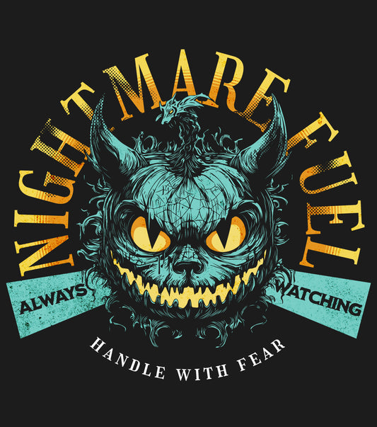 Unisex hoodie details of a  spooky-cool graphic and the text “Nightmare Fuel”. BimBangDesign