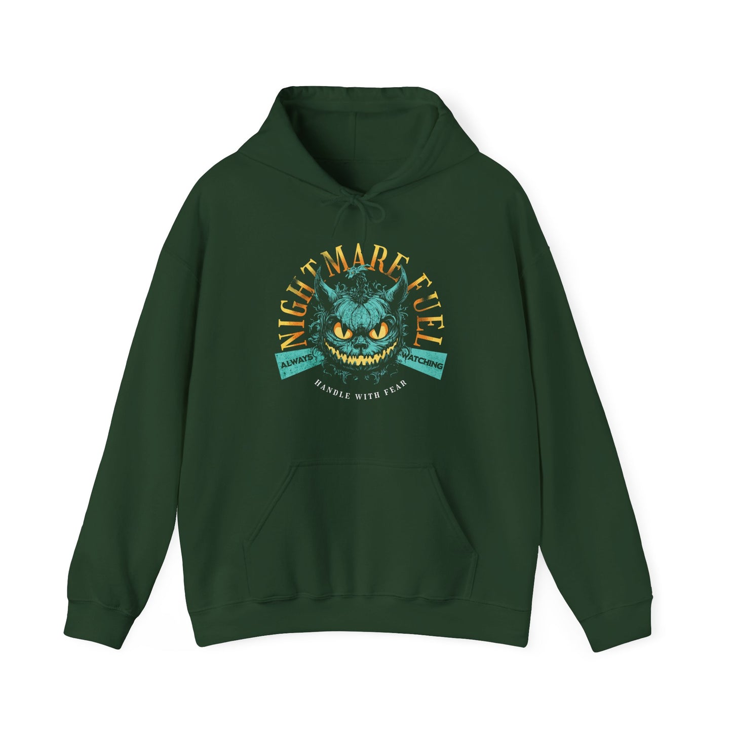 Forest Green unisex hoodie with a spooky-cool graphic and the text “Nightmare Fuel”. BimBangDesign