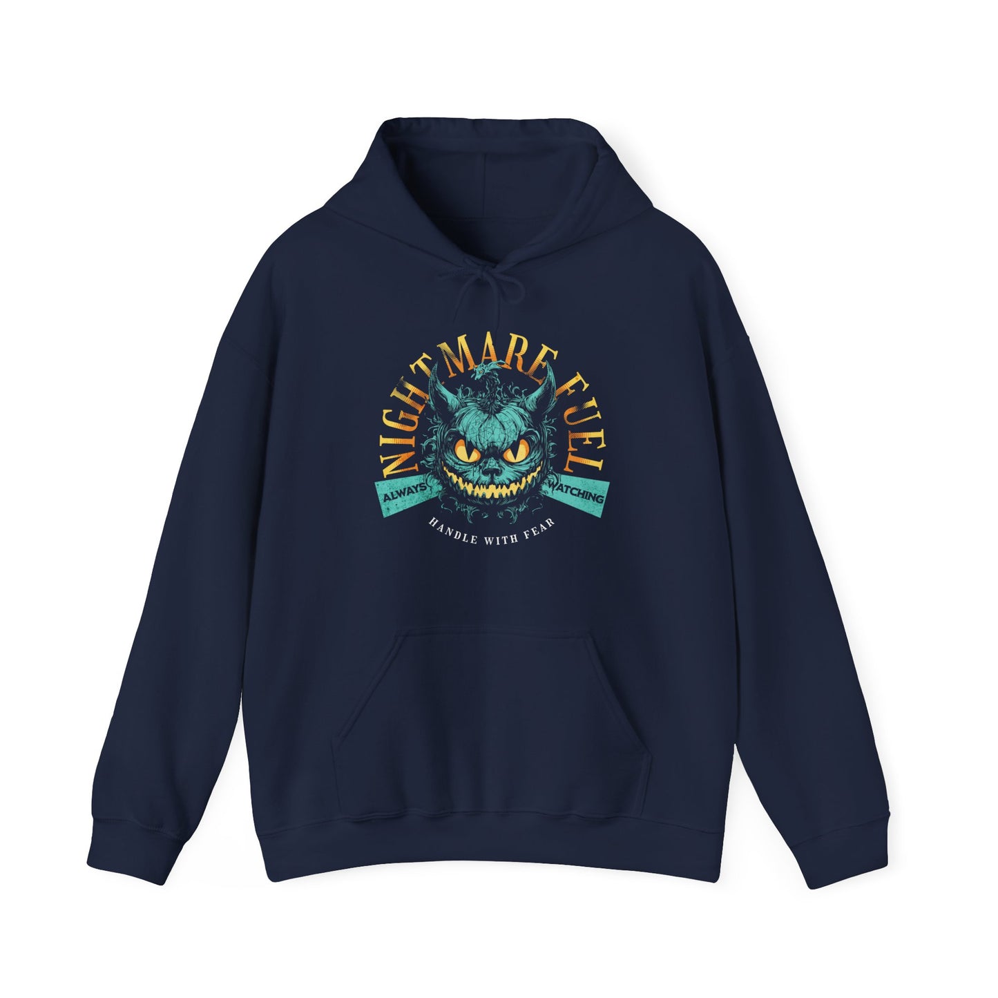 Navy unisex hoodie with a spooky-cool graphic and the text “Nightmare Fuel”. BimBangDesign