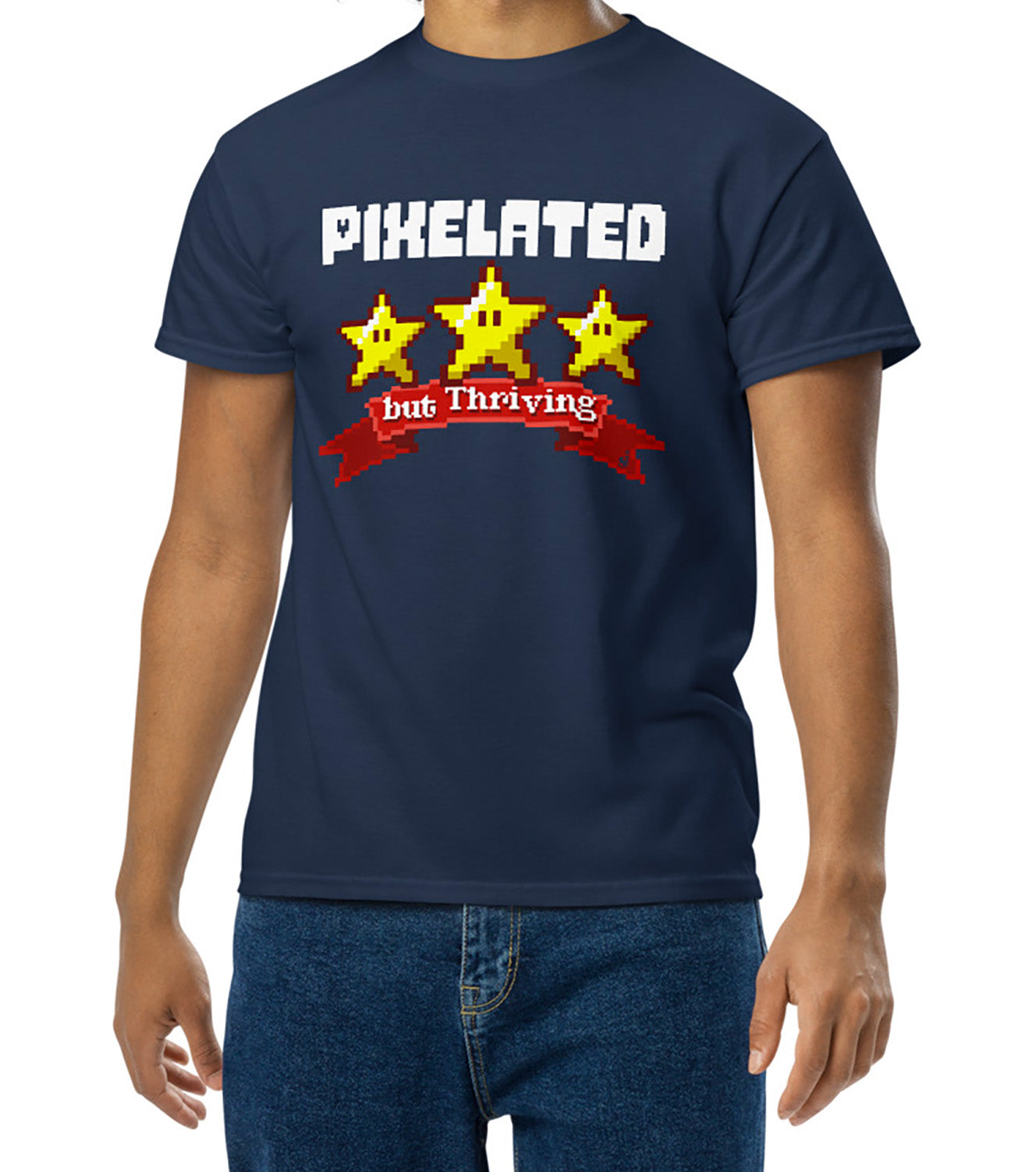 Navy Pixelated but Thriving T-shirt worn by a young geek adult BimBangDesign