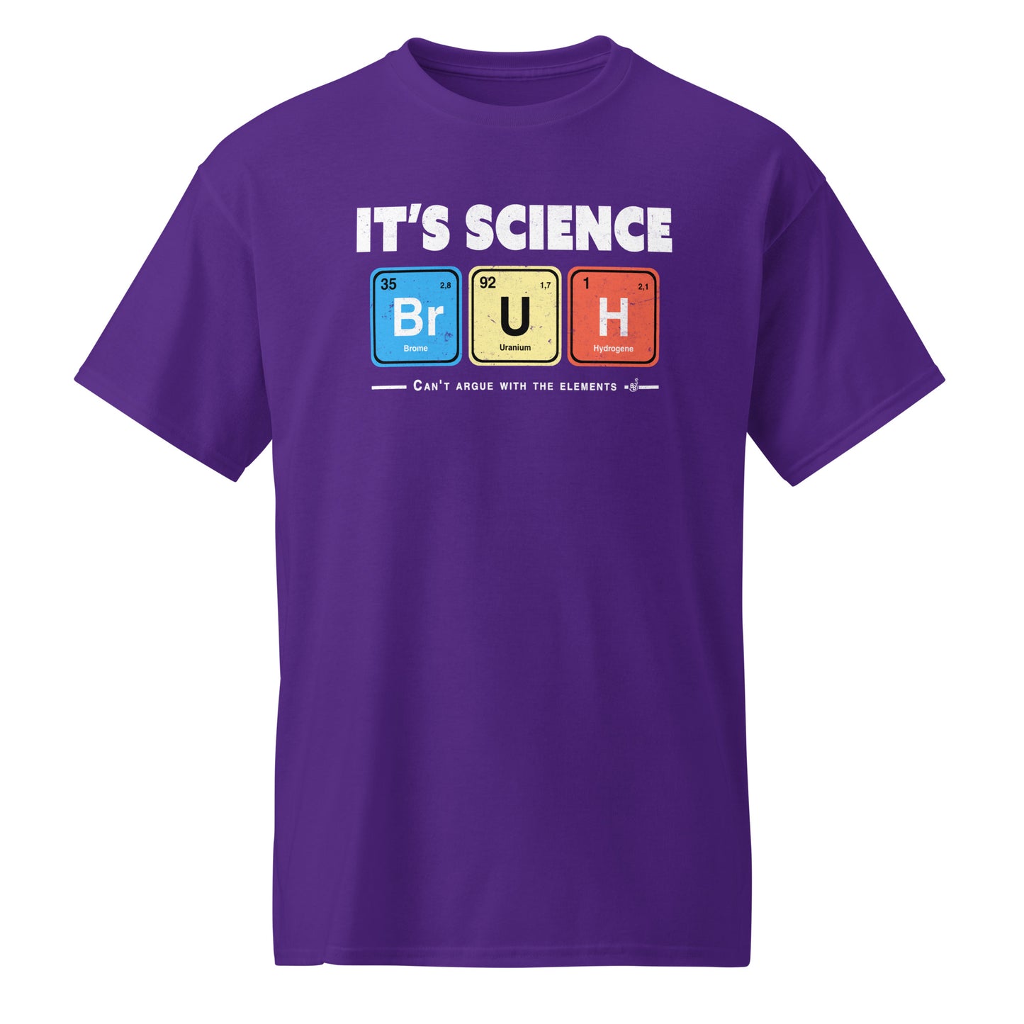 Purple Funny Geeky science T-shirt featuring periodic table elements spelling BRUH.