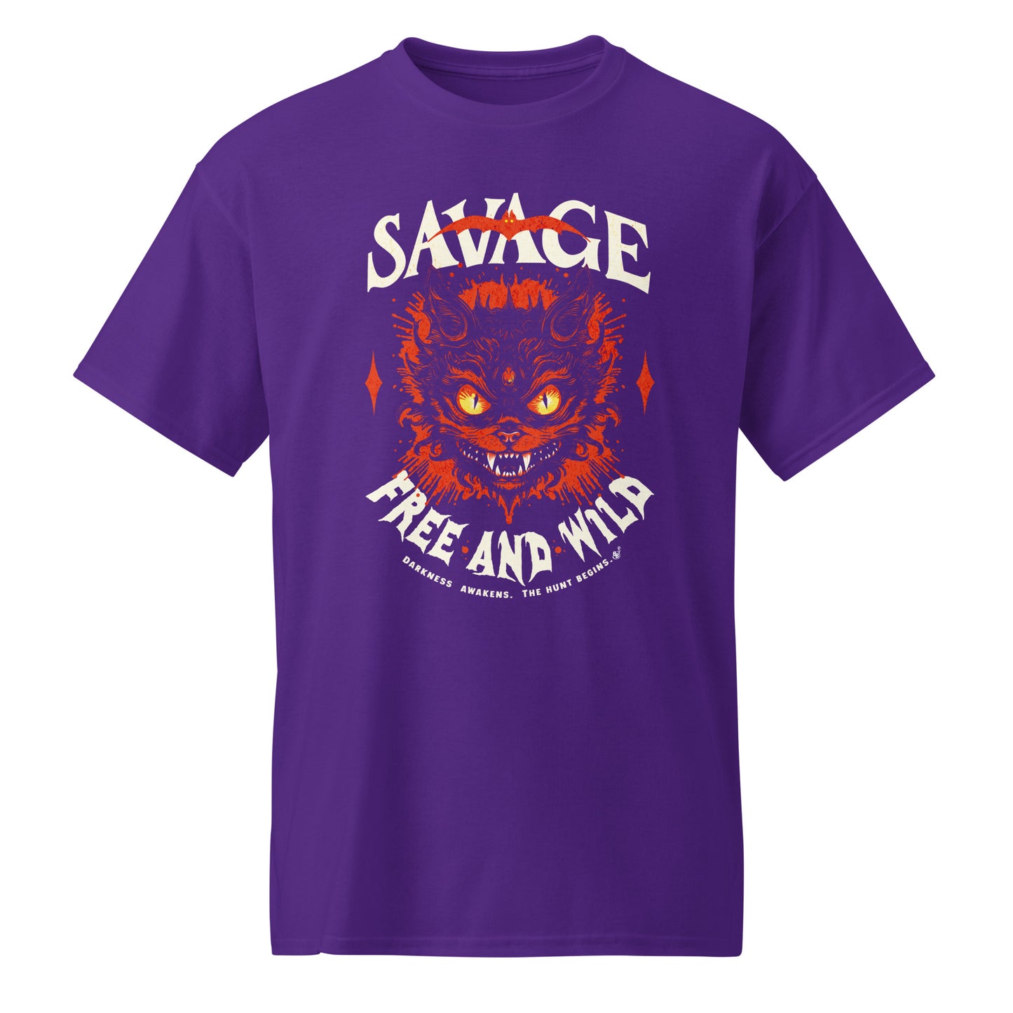 Purple Unisex “Savage – Wild & Free” t-shirt by BimBangDesign — cozy fleece tee with bold wild spirit print, perfect for everyday wear.