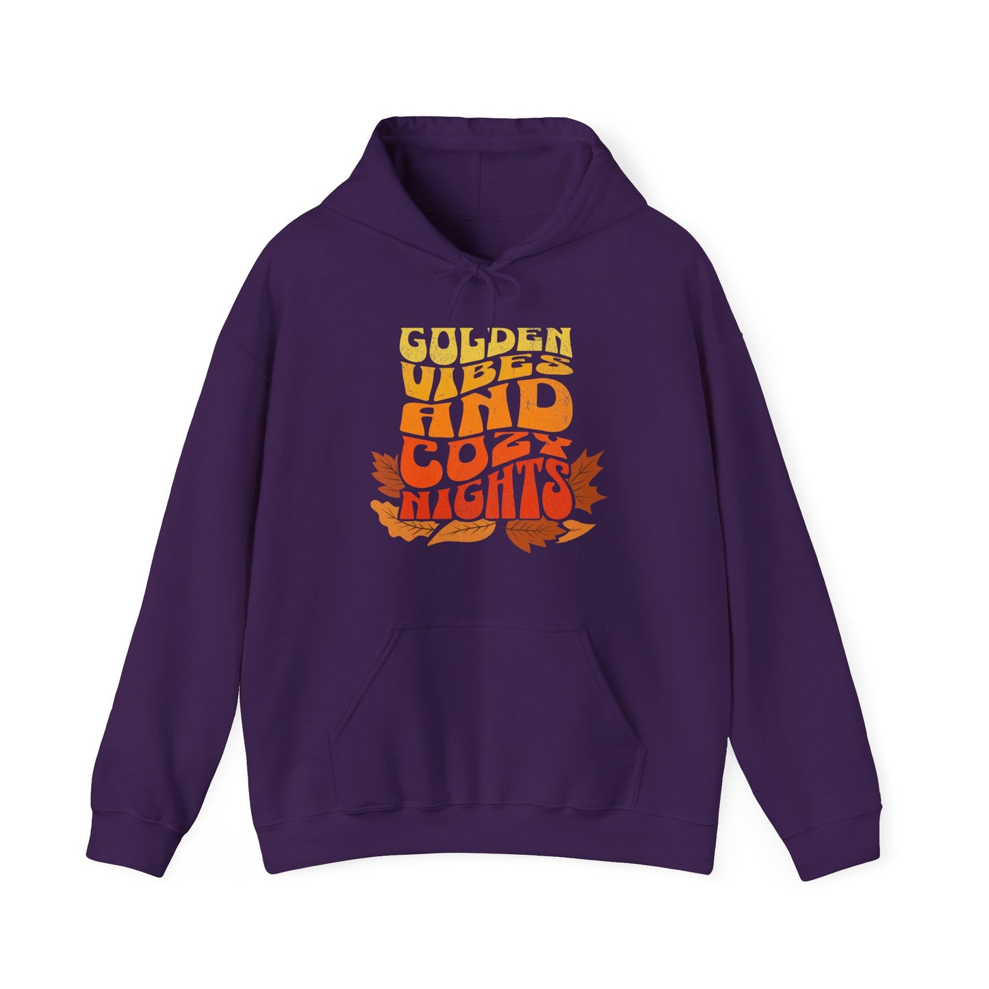 Comfy purple hoodie with “Golden Vibes and Cozy Nights” text in yellow-to-orange gradient and autumn leafs BimBangDesign