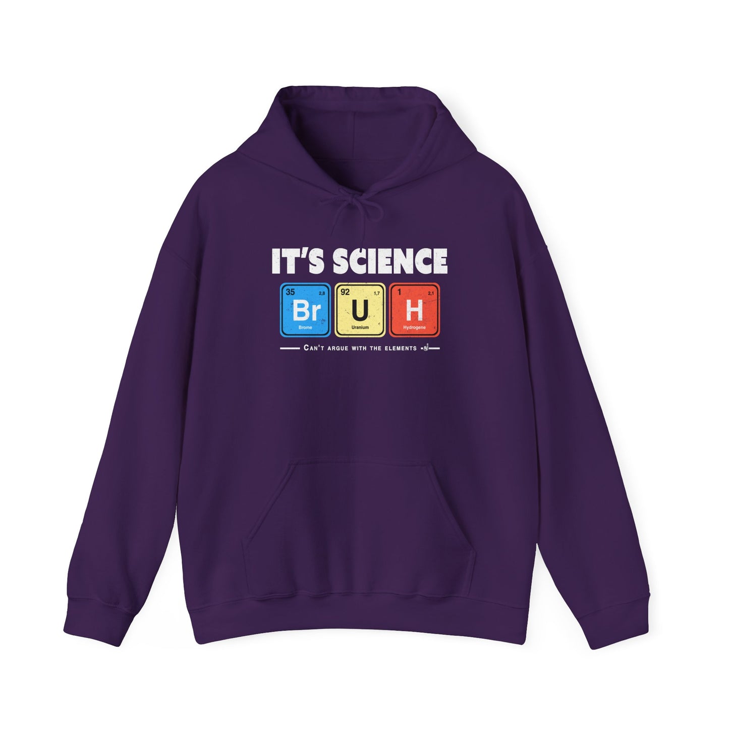 Purple Geeky and funny chemistry hoodie with bold white lettering and periodic table squares. BimBangDesign