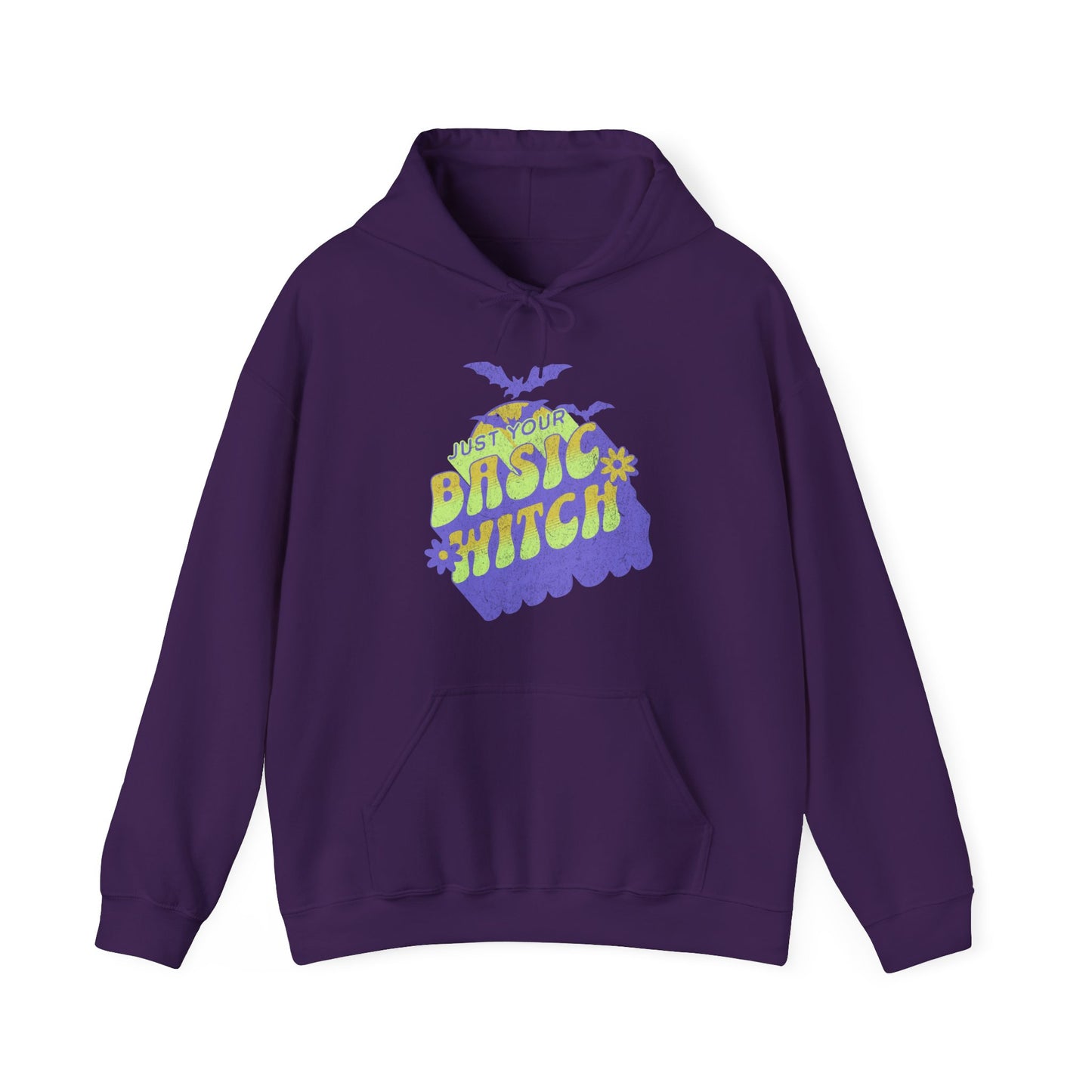 Purple Unisex “Just Your Basic Witch” Halloween hoodie with witchy print — cozy fall fashion with playful attitude. BimBangDesign