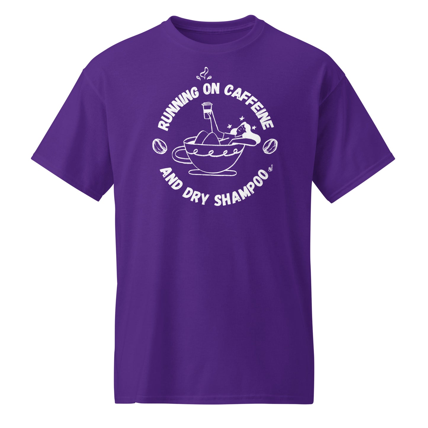 Purple Funny T-shirt Running on Caffeine and Dry Shampoo for multitasking women BimBangDesign