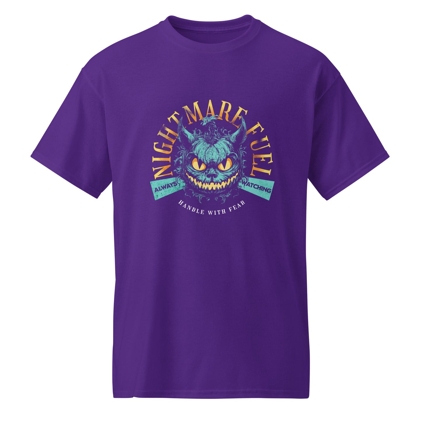 Purple Unisex t-shirt with a creepy-cute monster design and the text “Nightmare Fuel”, by BimBangDesign