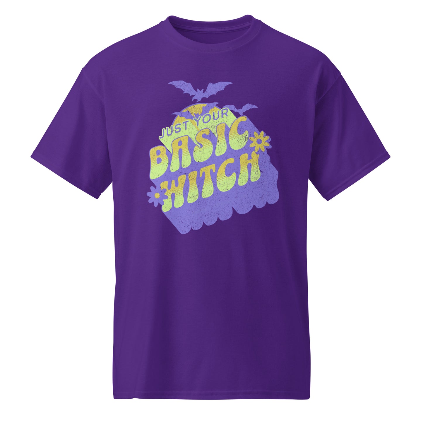 Purple Unisex t-shirt with “Just Your Basic Witch” print – fun Halloween tee featuring retro witchy vibes, perfect for casual spooky style. BimBangDesign