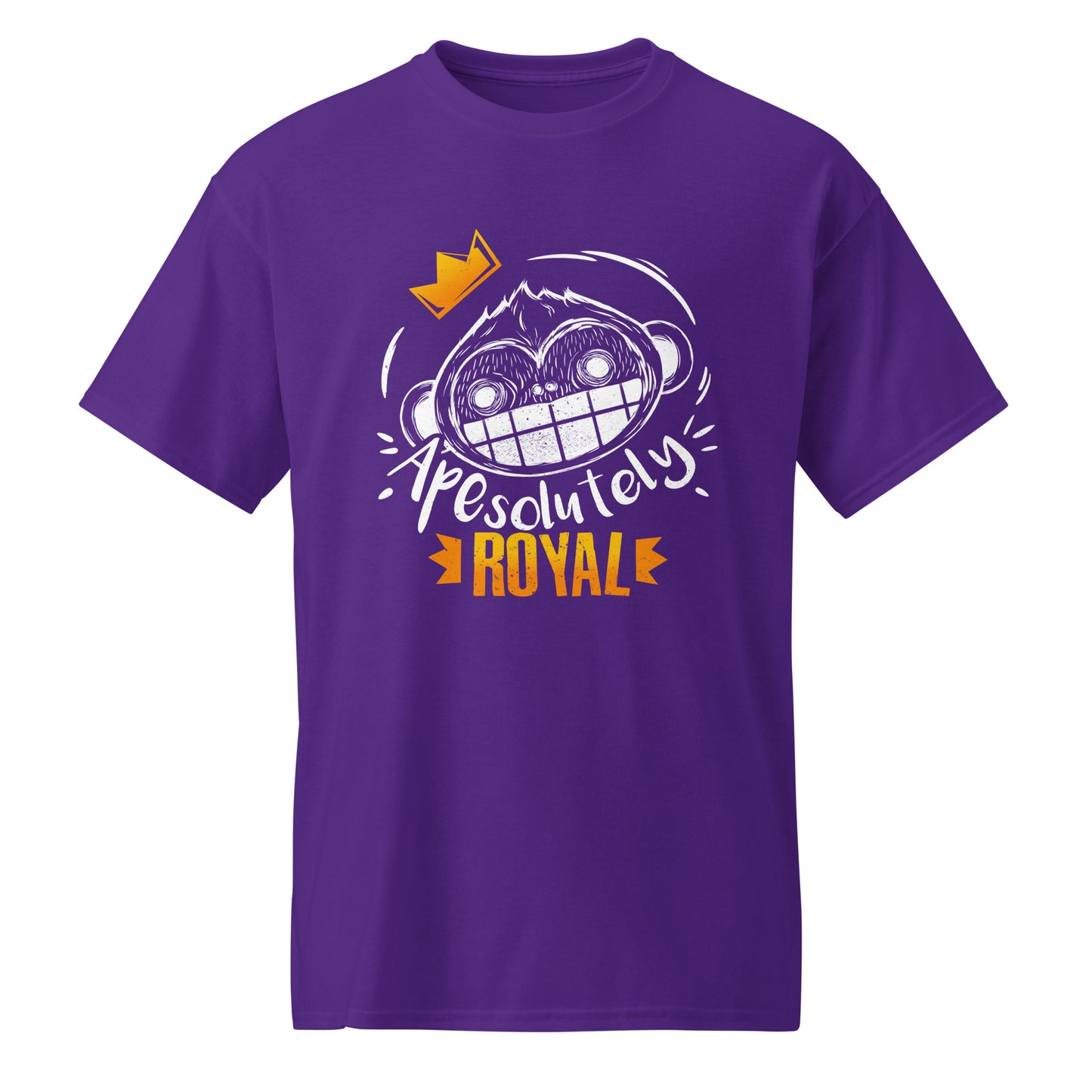 Purple ApeSolutely Royal T-shirt with crowned monkey head, cartoon and sketchy style