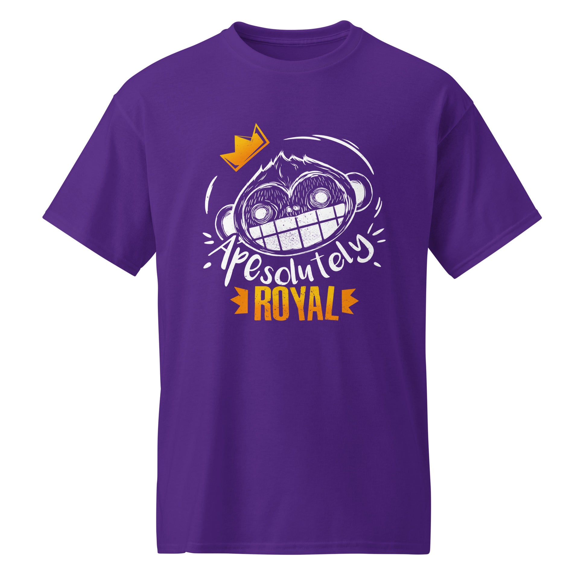 Purple ApeSolutely Royal T-shirt with crowned monkey head, cartoon and sketchy style
