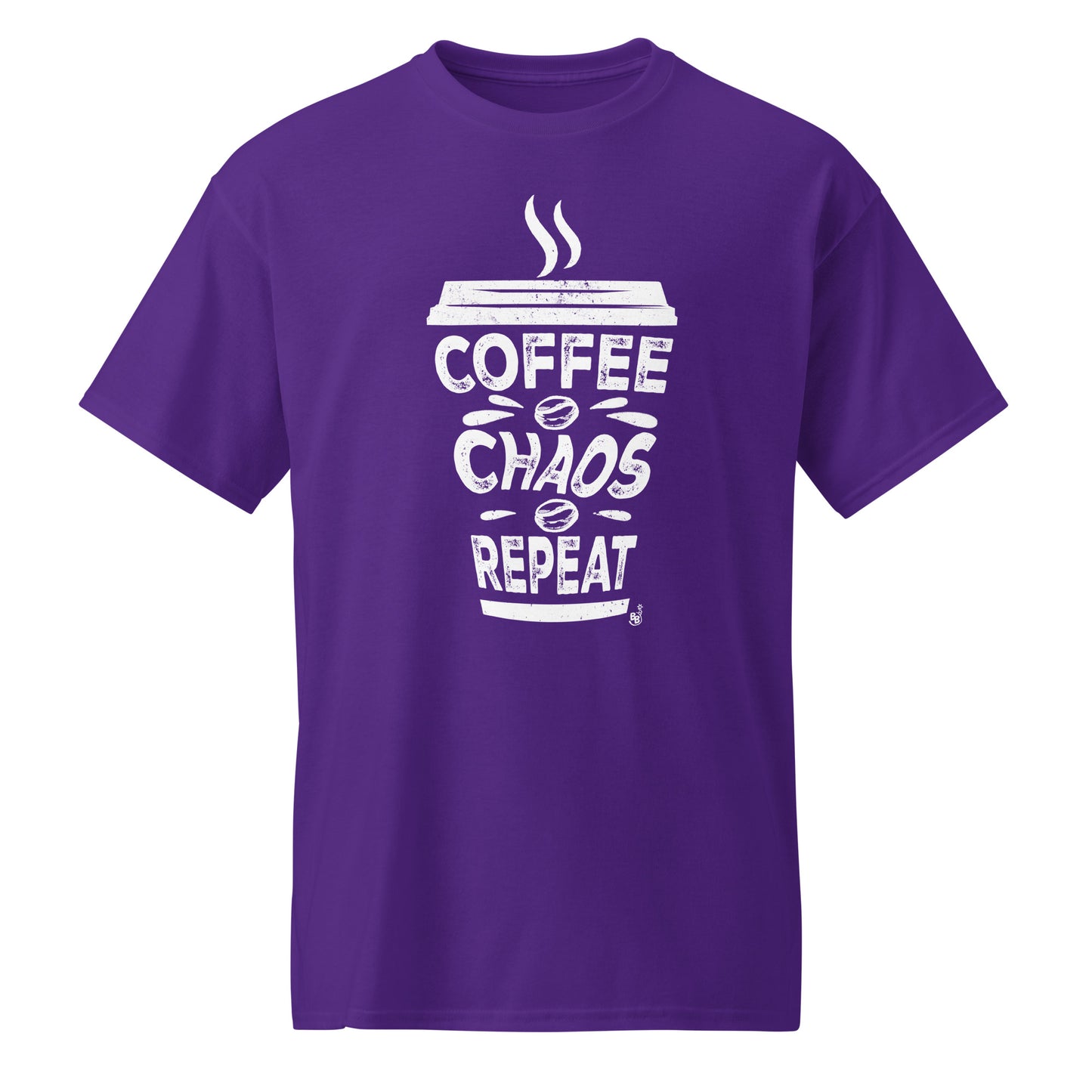 Purple Coffee Chaos Repeat text t-shirt for all coffee lover on the go BimBangDesign