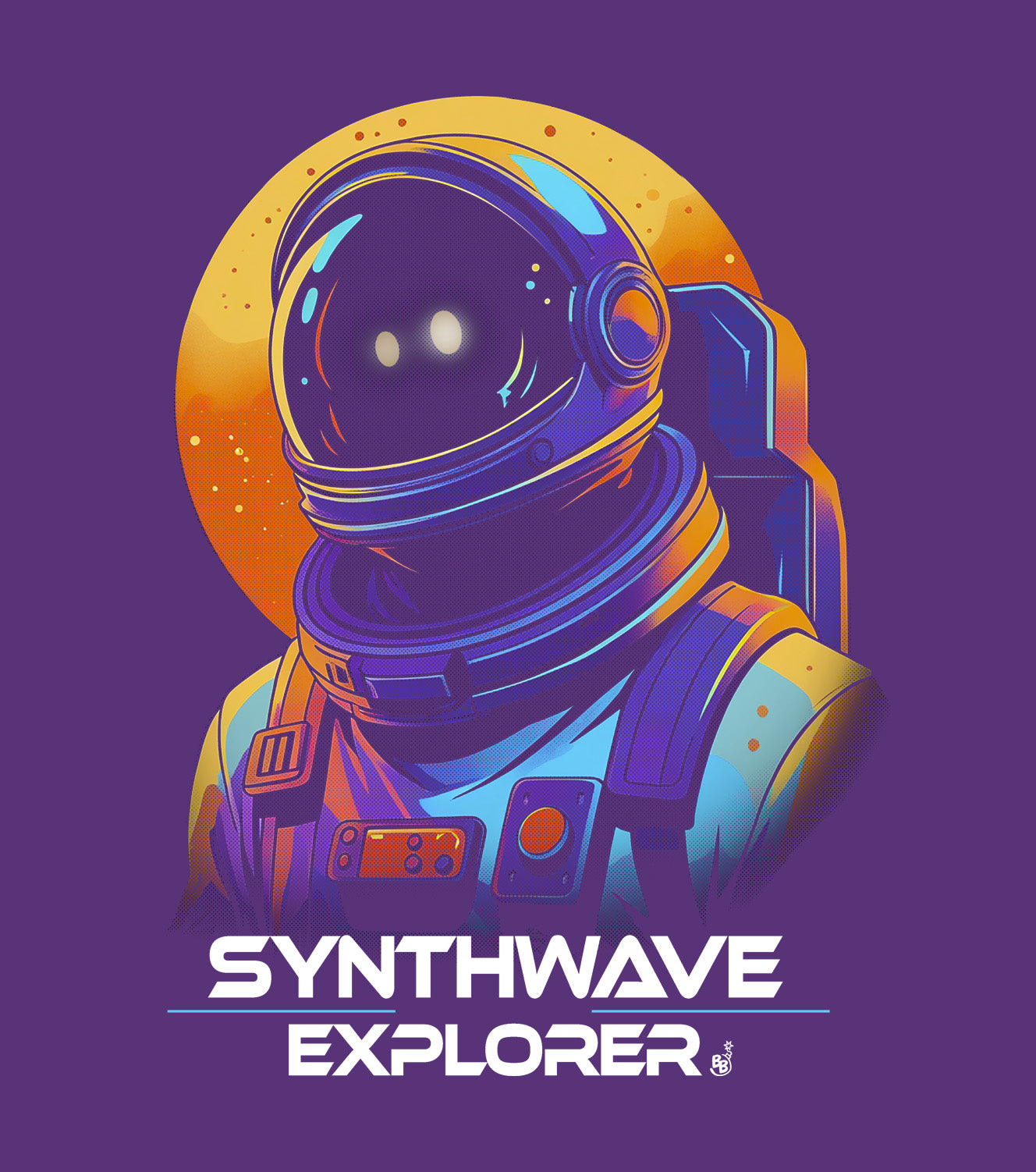 Gold Synthwave Explorer t-shirt Details stars and neon sun, retro sci-fi look BimBangDesign