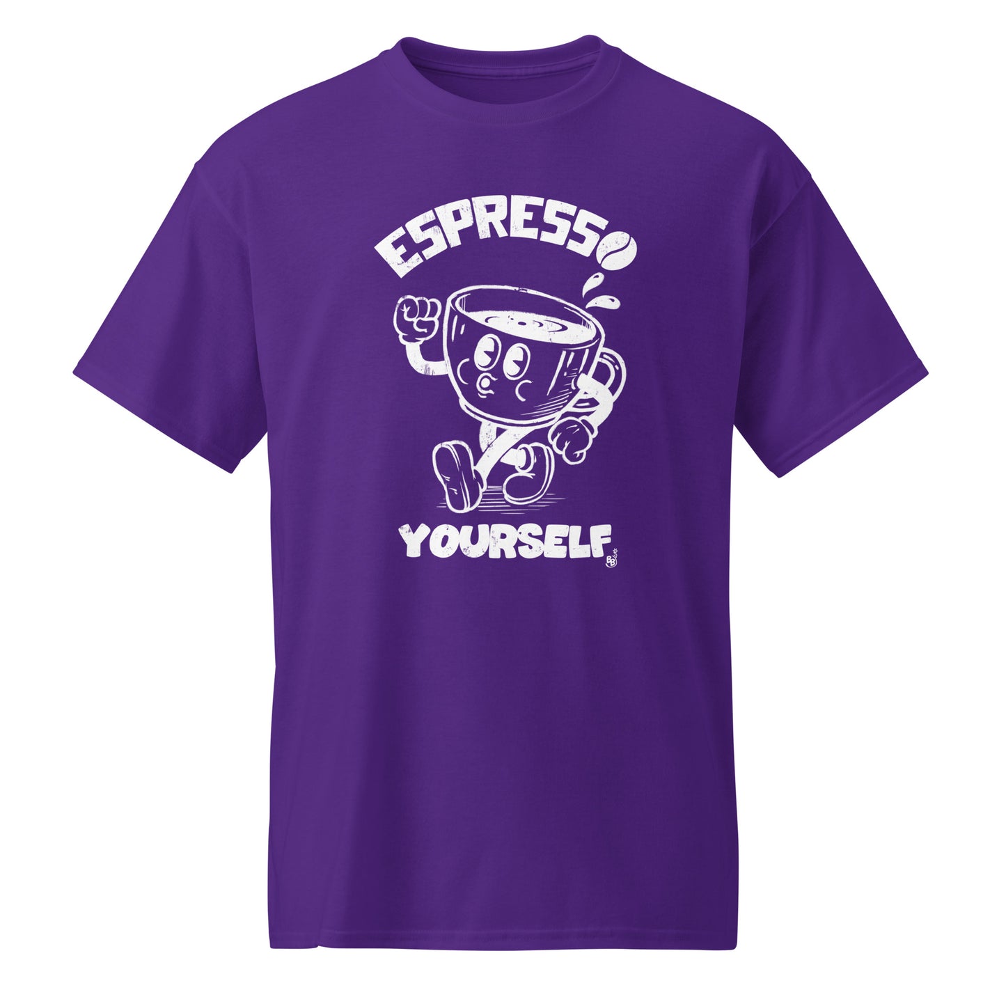Cartoon Espresso Yourself Purple t-shirt with a funny coffee cup illustration BimBangDesign