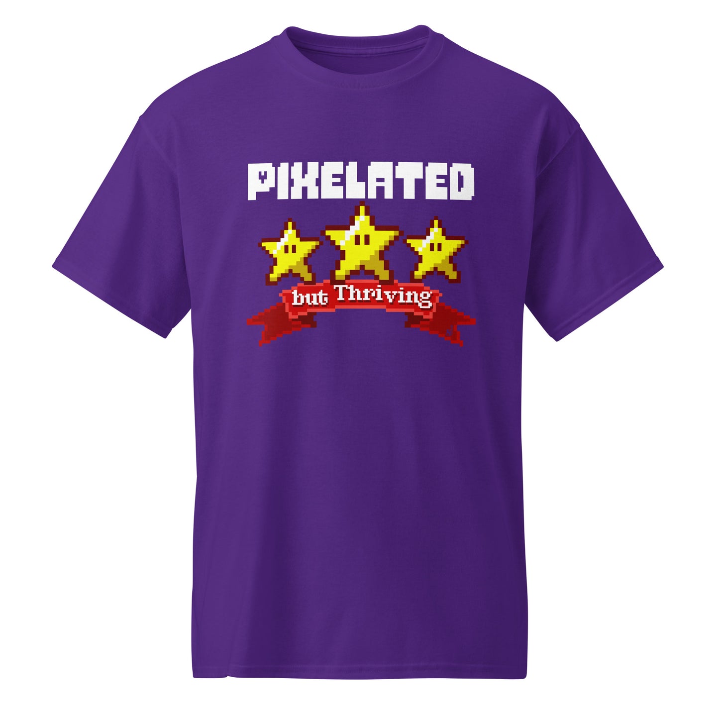Purple Pixelated but Thriving graphic T-shirt for casual gamers  BimBangDesign
