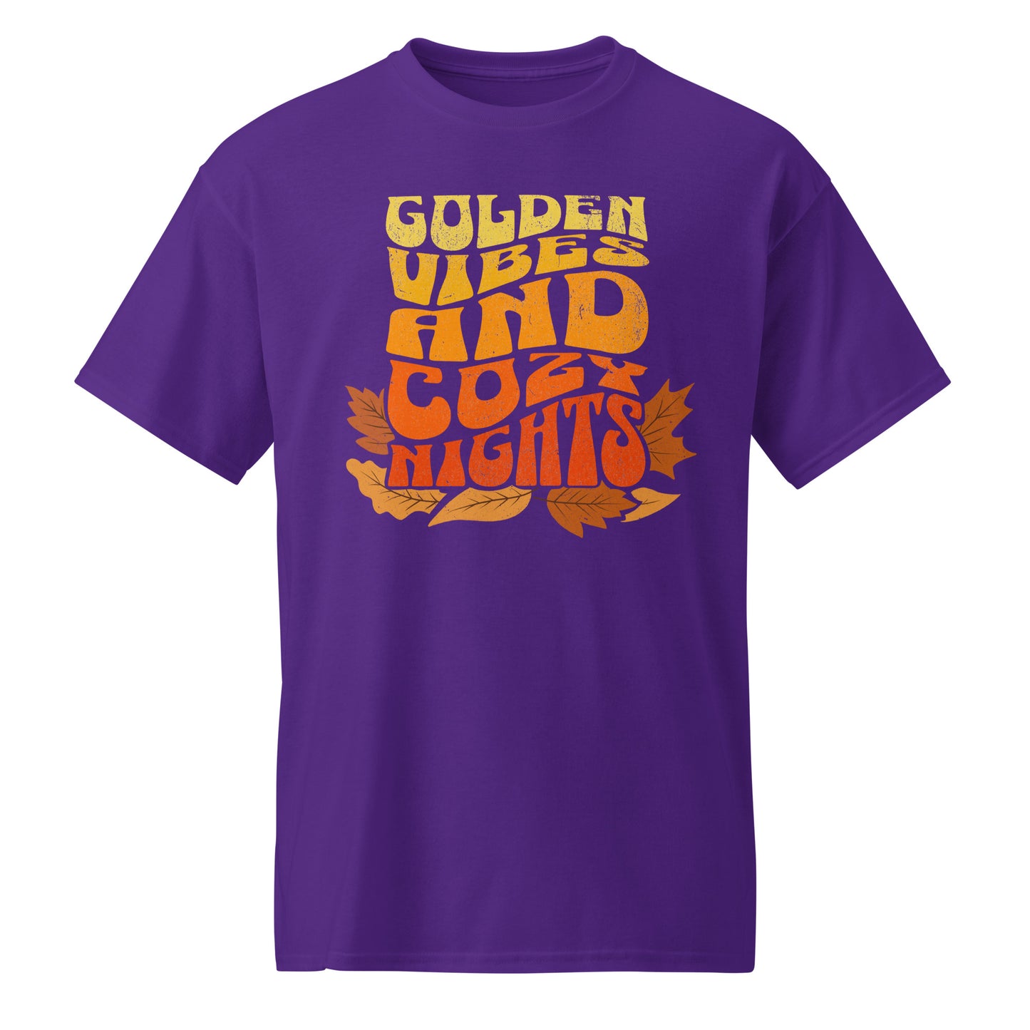 Purple Comfy t-shirt with “Golden Vibes and Cozy Nights” text in yellow-to-orange gradient and autumn leafs BimBangDesign
