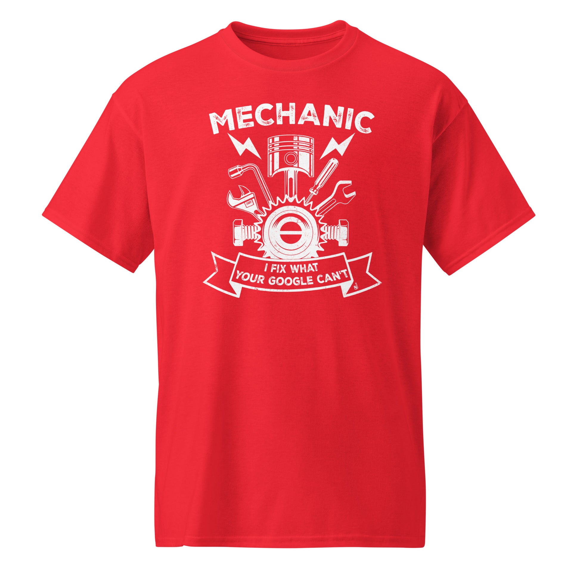 Funny Red mechanic t-shirt with slogan I Fix What Google Can't BimBangDesign