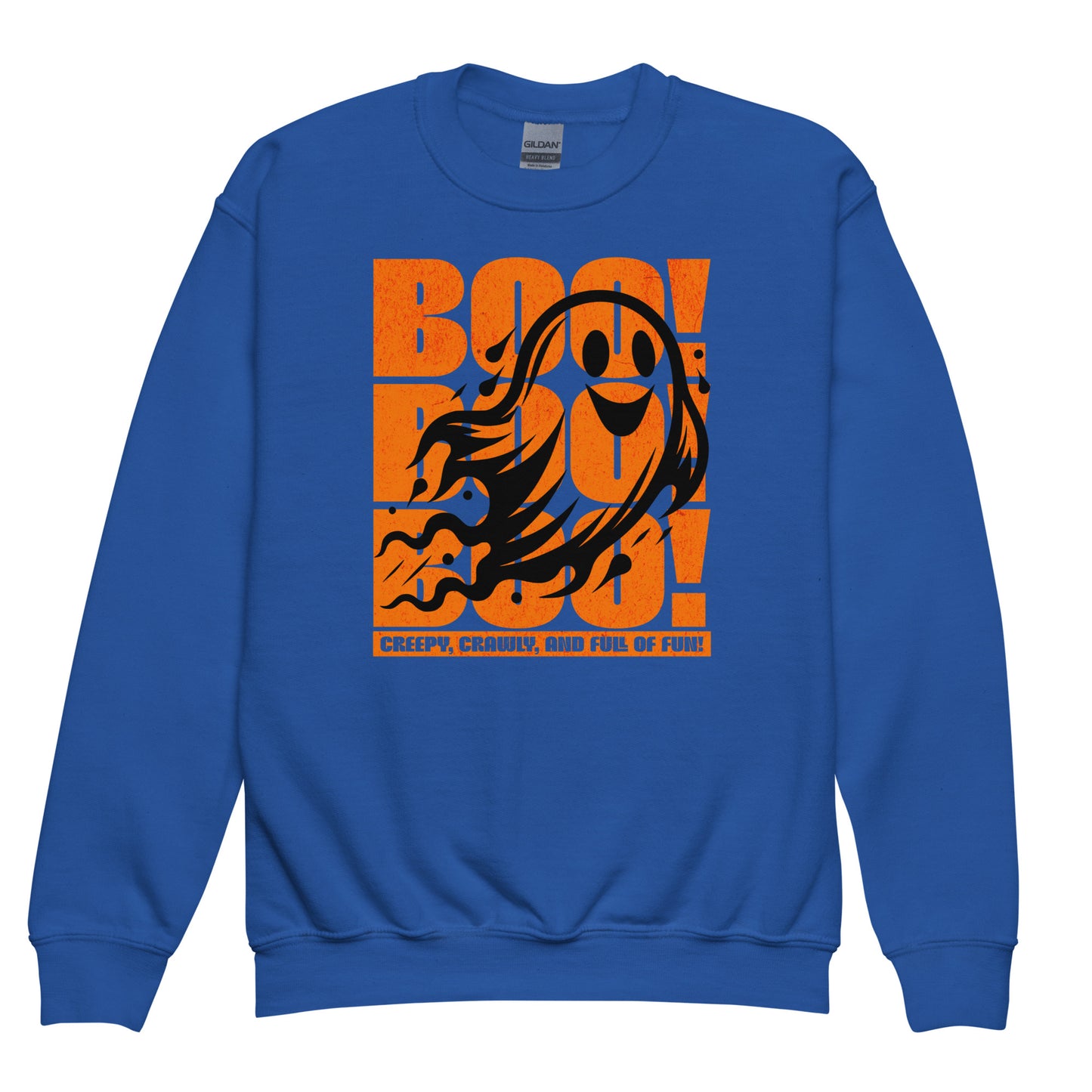 Royal Blue Front view of Boo Boo Boo sweatshirt for kids – playful spooky season ghost print by BimBangDesign