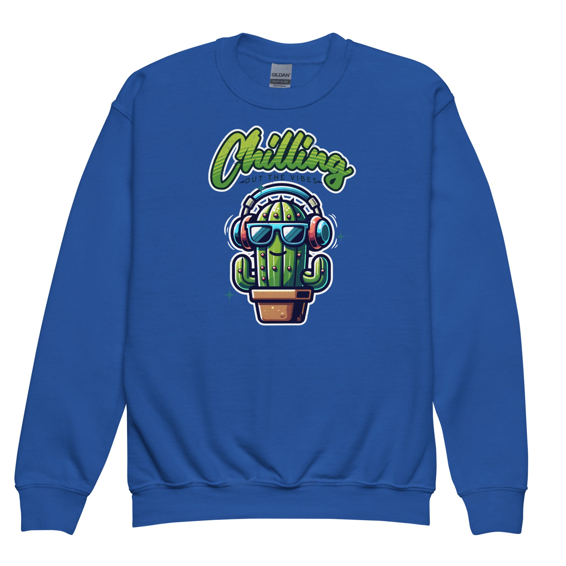 Royal Blue Chilling Out the Vibes music-themed sweatshirt for kids with funny cartoon cactus design, BimBangDesign