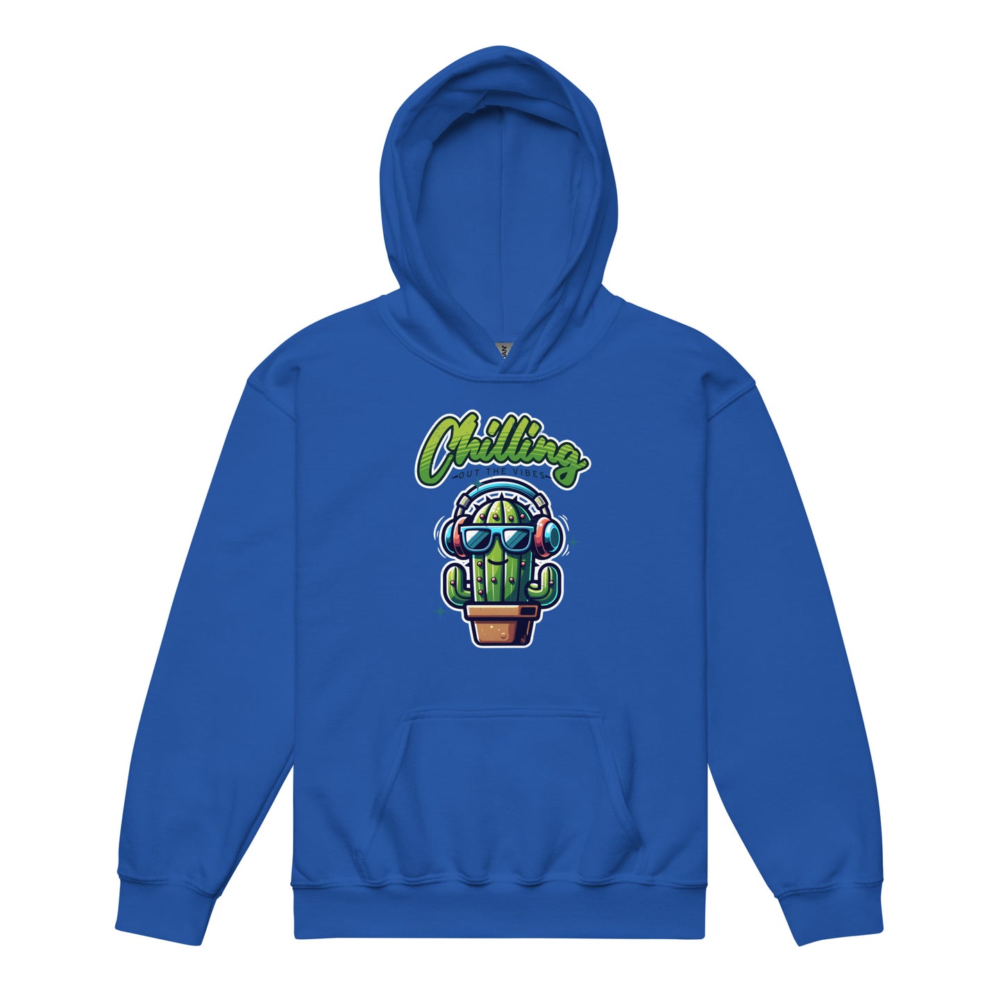 Royal Blue Chilling Out the Vibes music-themed hoodie for kids with funny cartoon cactus design, BimBangDesign