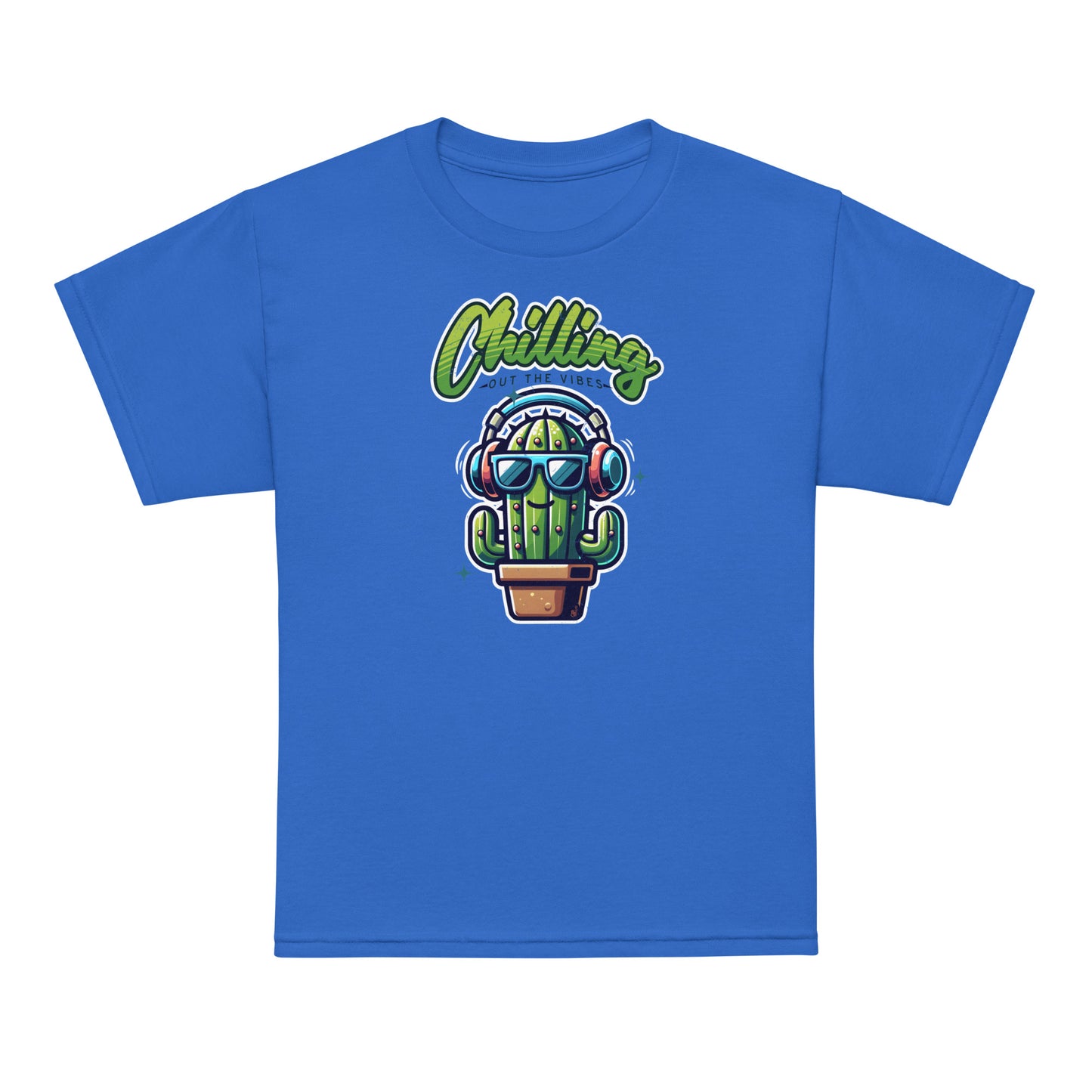 Royal  Blue Chilling Out the Vibes Fun music-themed kids tee with cartoon cactus design, BimBangDesign