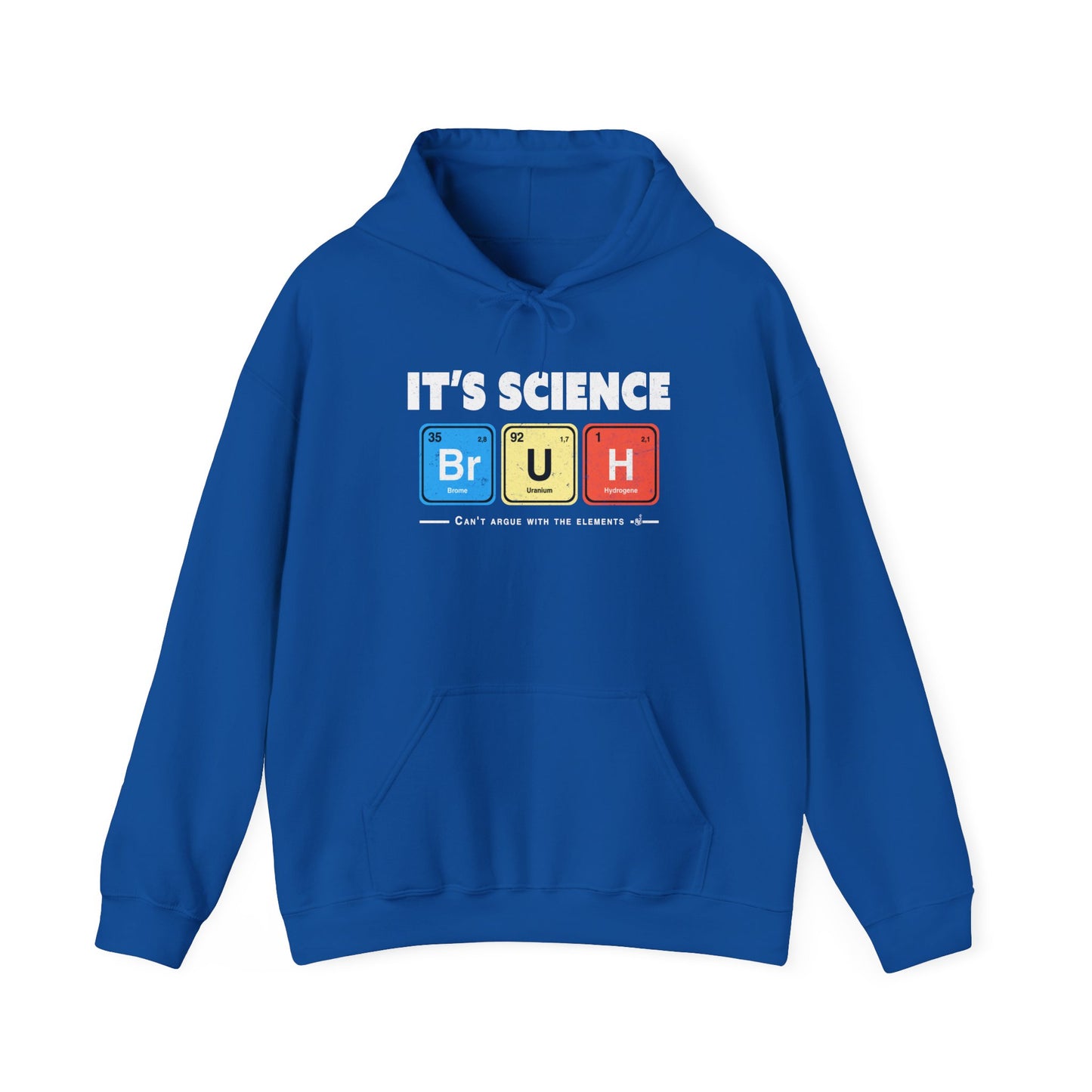 Royal Blue Geeky and funny chemistry hoodie with bold white lettering and periodic table squares. BimBangDesign