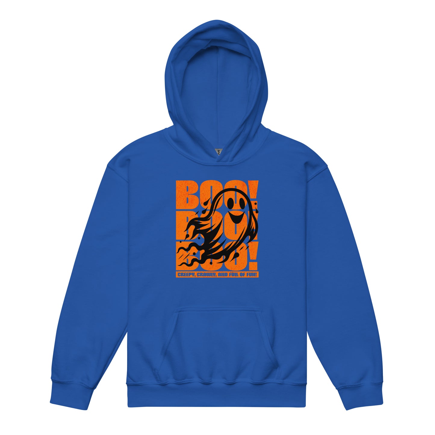 Kids “Boo Boo Boo” Halloween hoodie – cute ghost design on Royal Blue Gildan sweatshirt by BimBangDesign