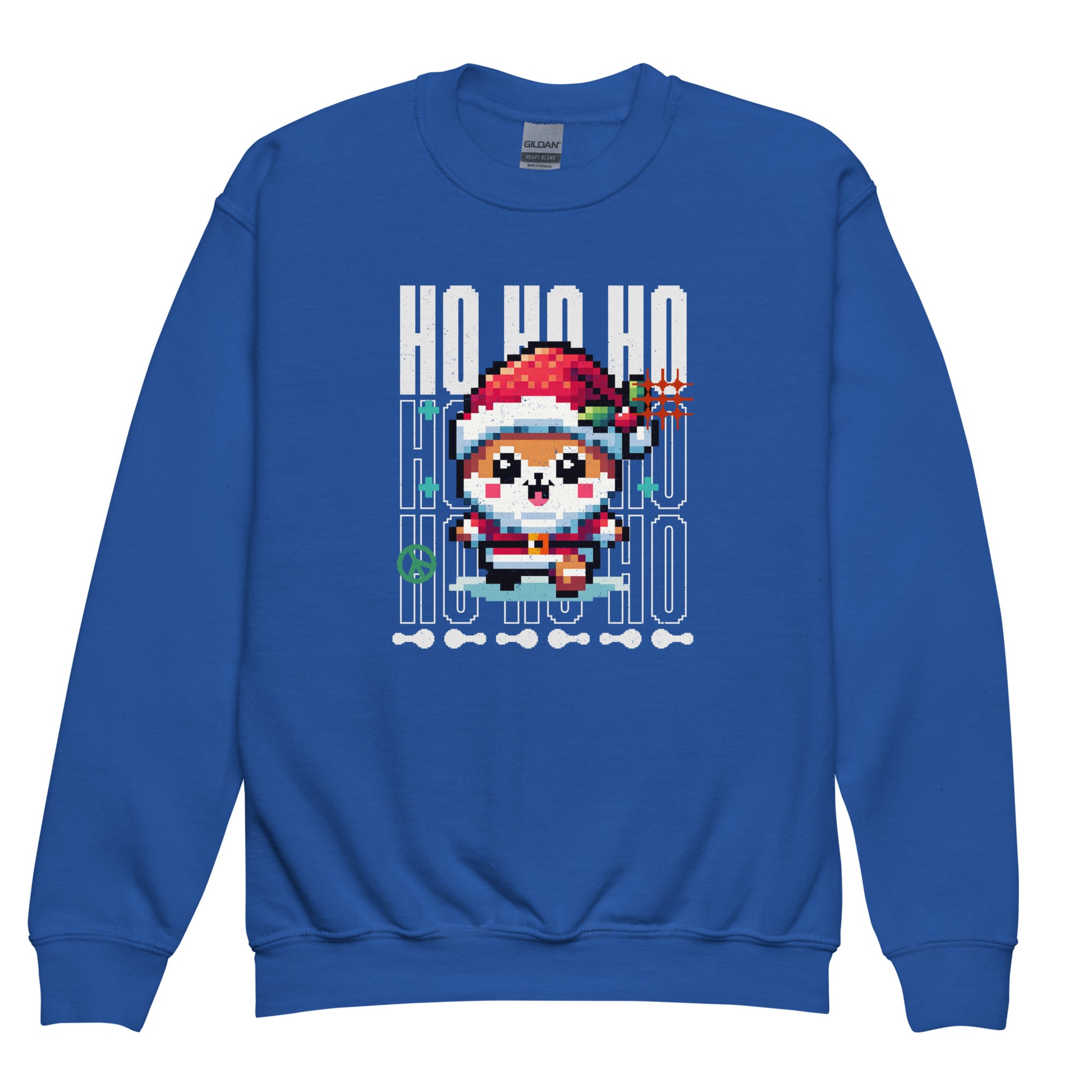 Royal blue Pixel Christmas kids Cozy sweatshirt featuring retro holiday design.